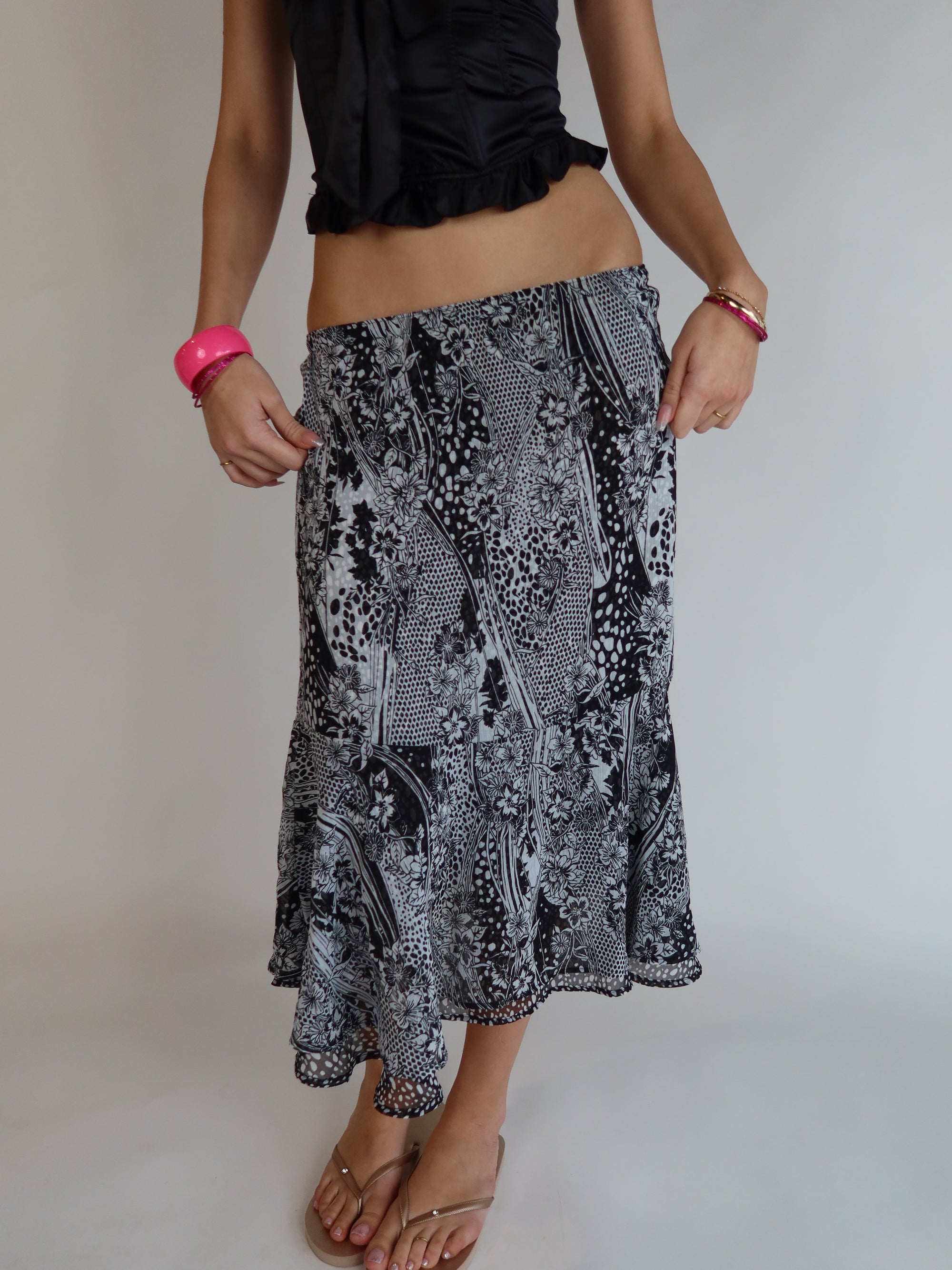 Y2K Black/White Floral Midi Skirt
