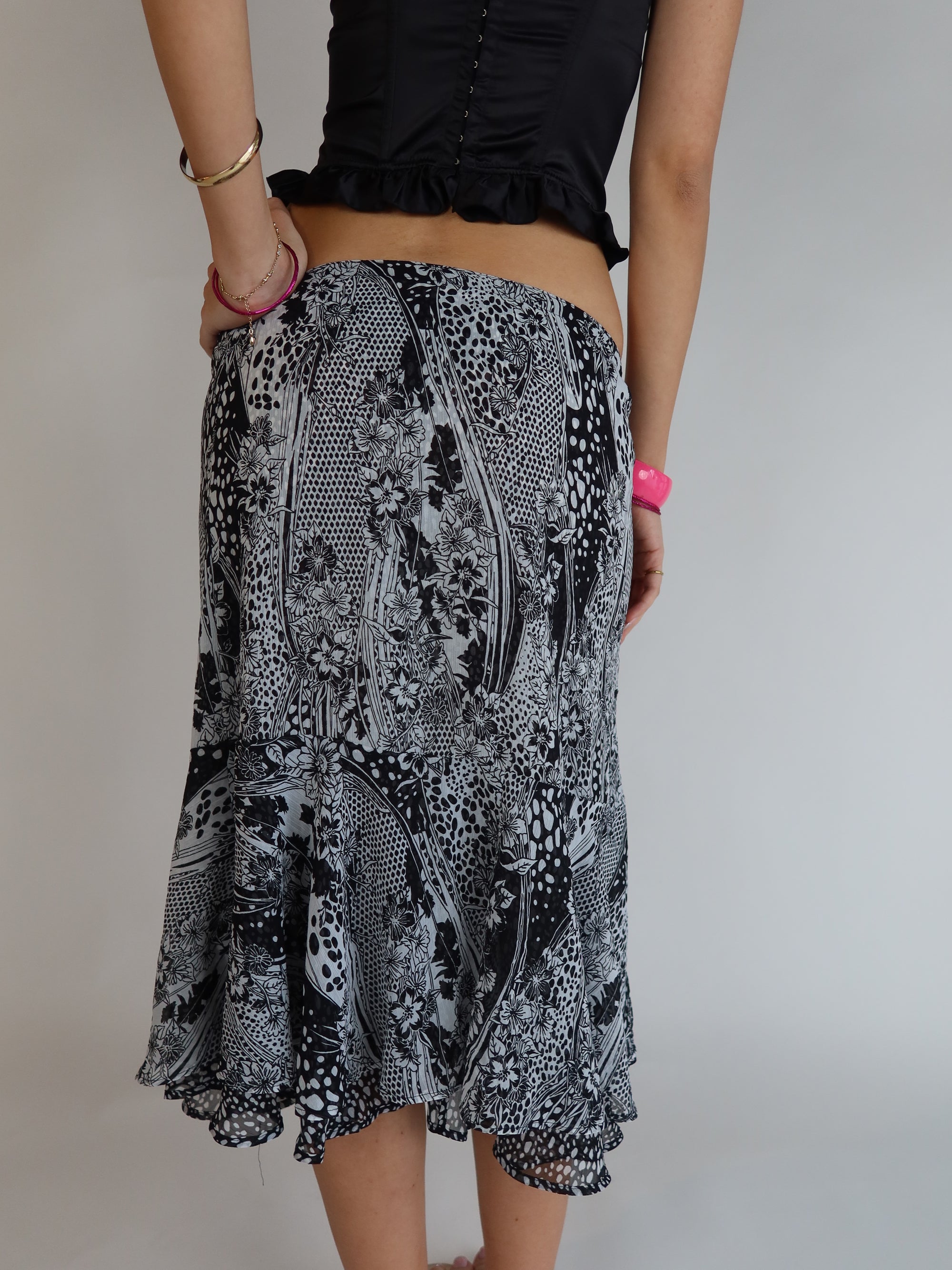 Y2K Black/White Floral Midi Skirt