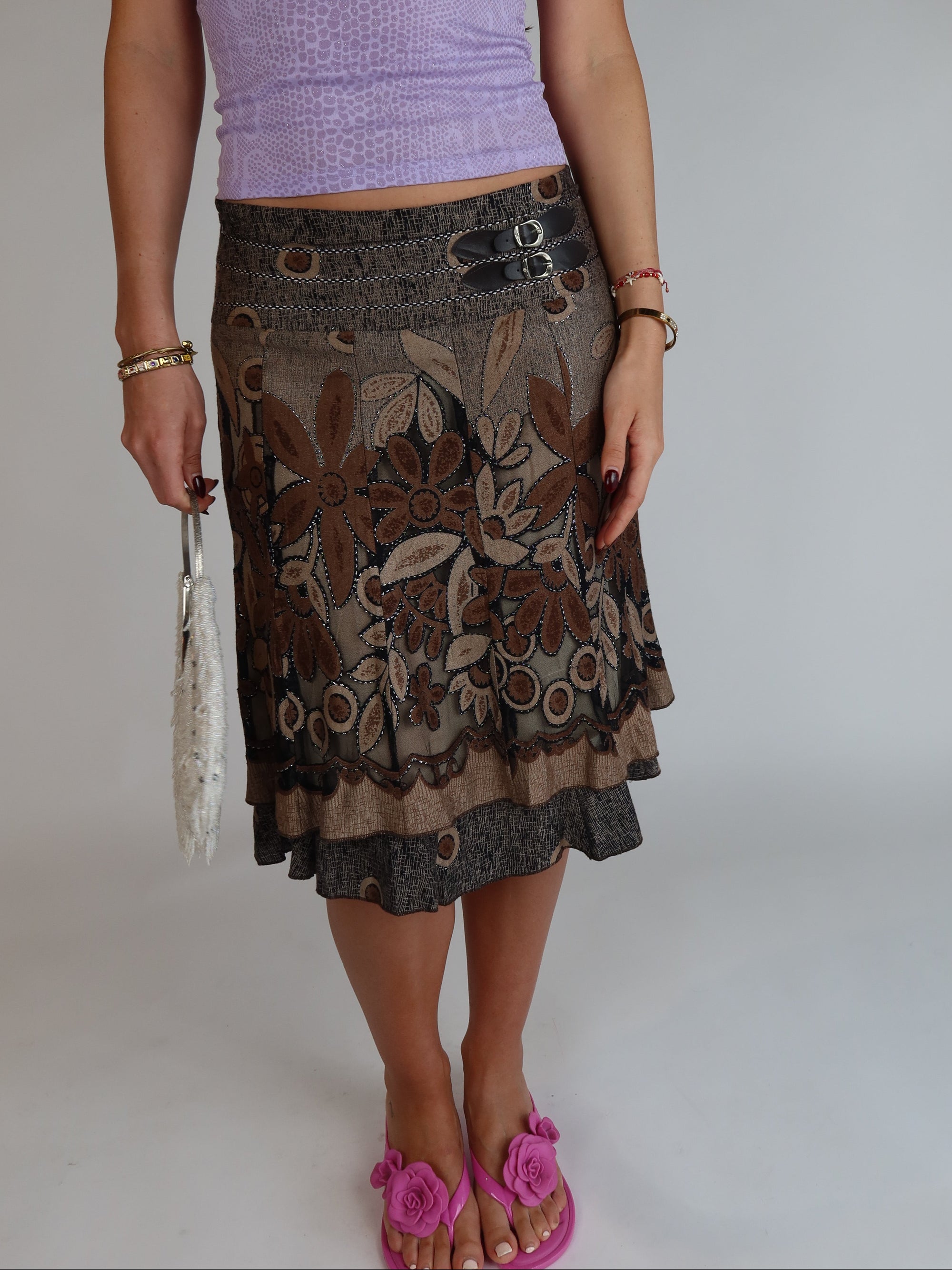 Y2K Brown Floral Midi Skirt XS/S