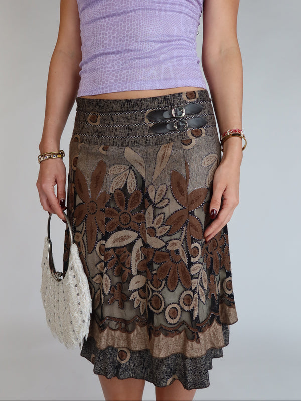 Vintage Y2K brown floral mesh midi skirt with layered sheer overlay, double buckle waistband, and flowy silhouette