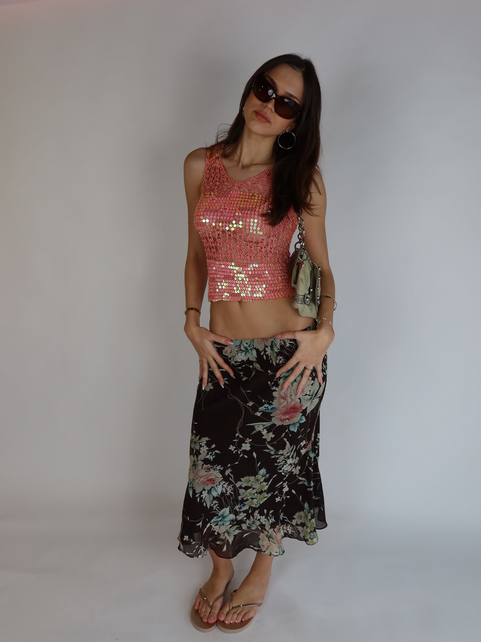 Floral Mesh Midi Skirt S