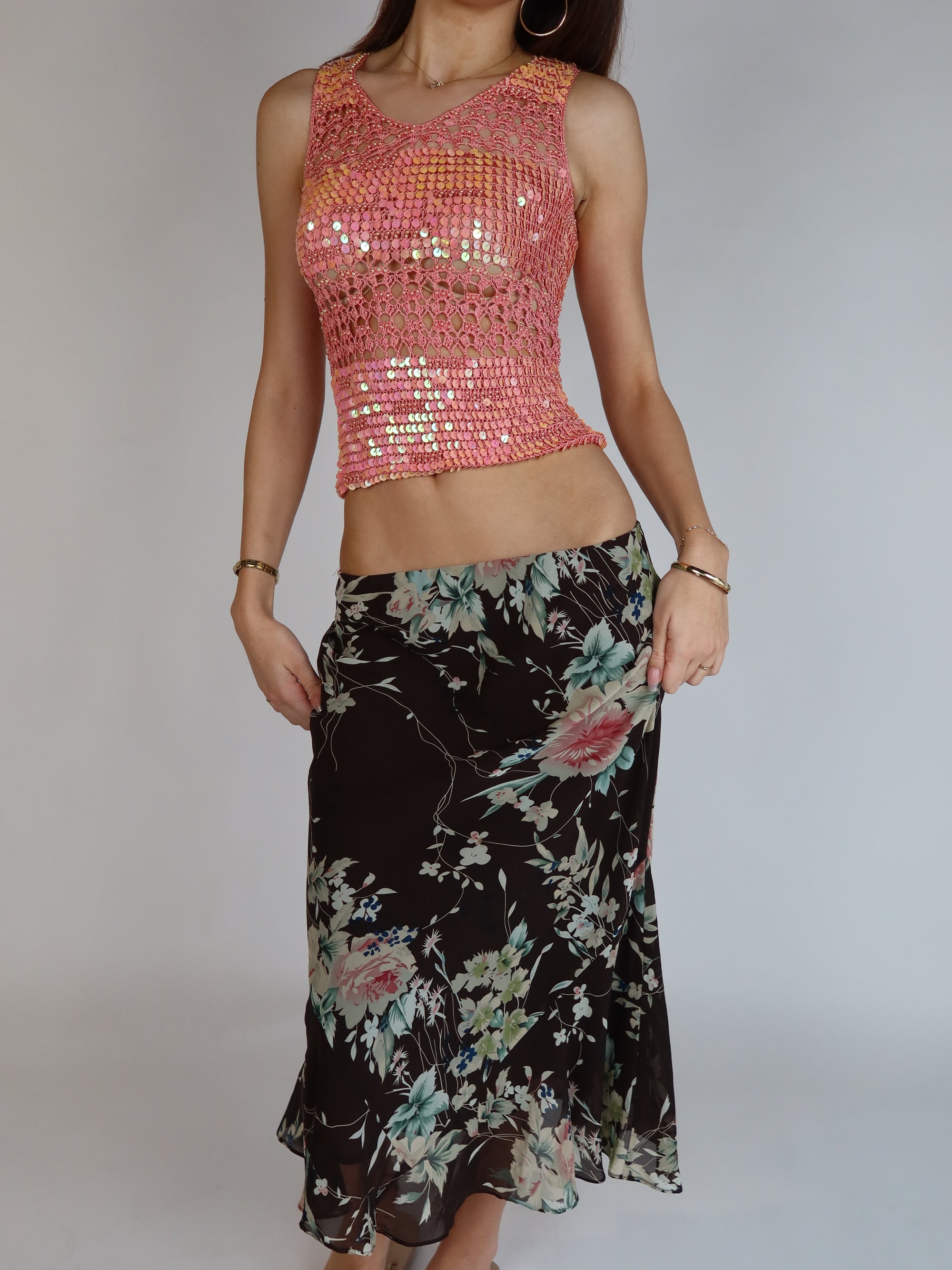 Floral Mesh Midi Skirt S