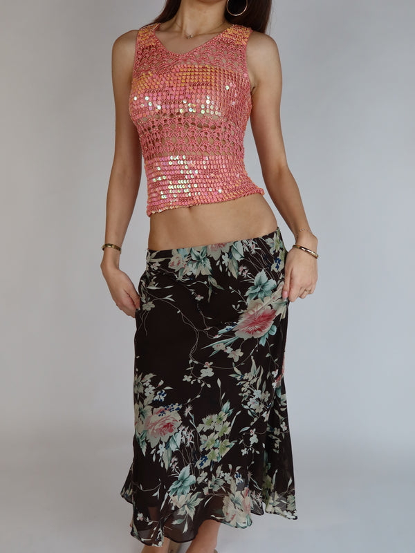 Vintage Y2K floral mesh midi skirt with pastel floral print and low-rise fit, Y2K resale clothing at Brat's Closet.