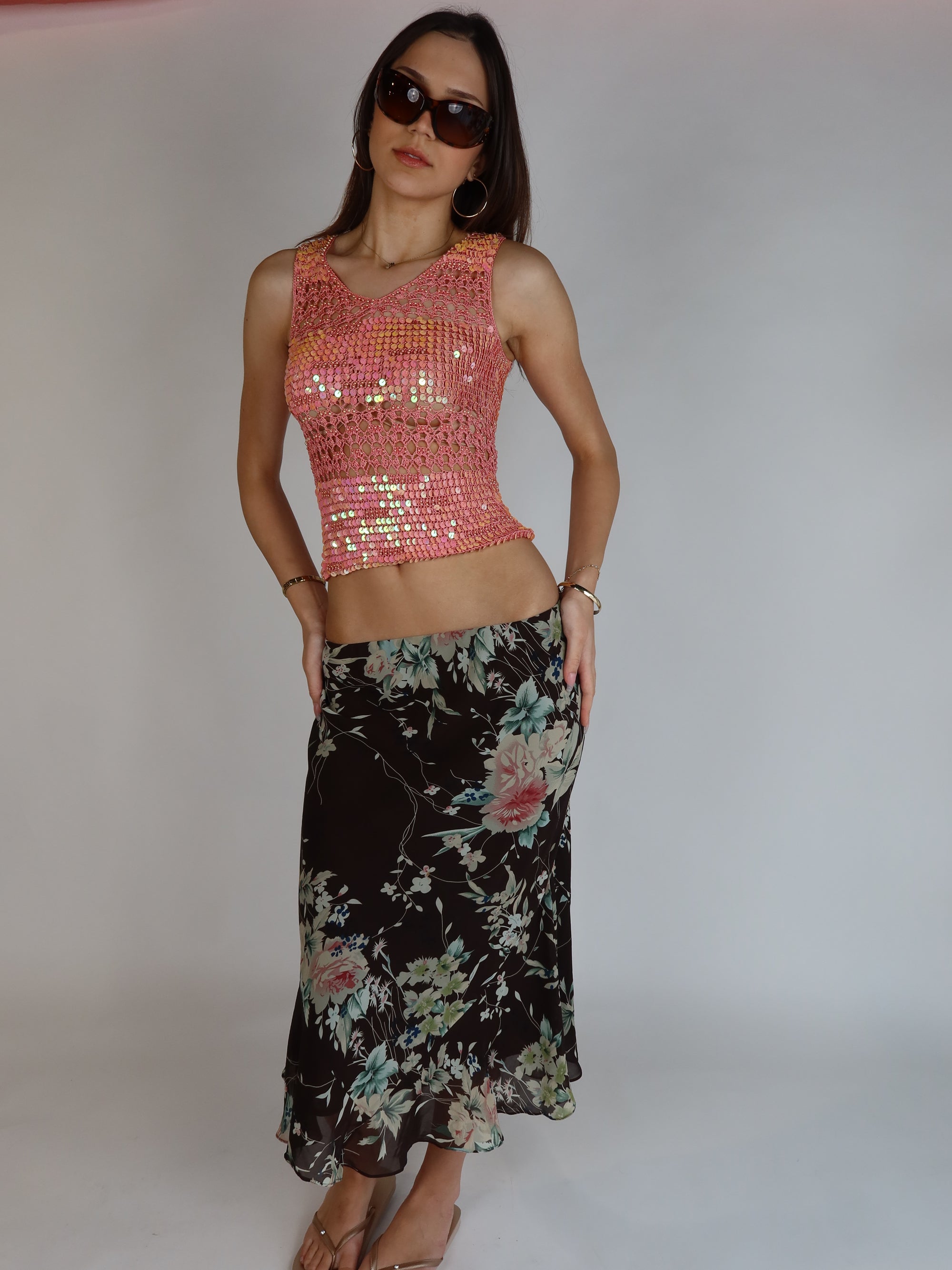 Floral Mesh Midi Skirt S