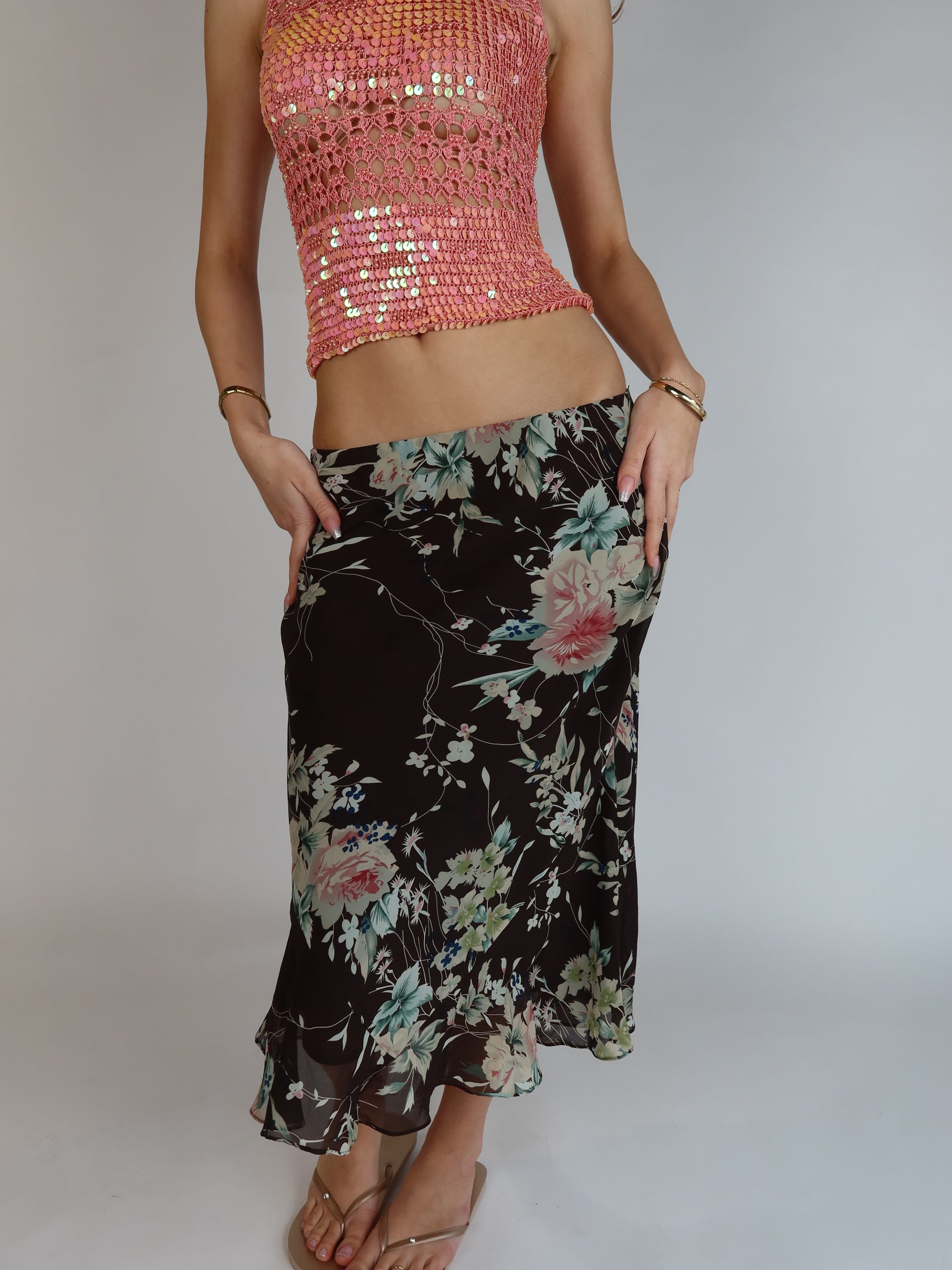 Floral Mesh Midi Skirt S