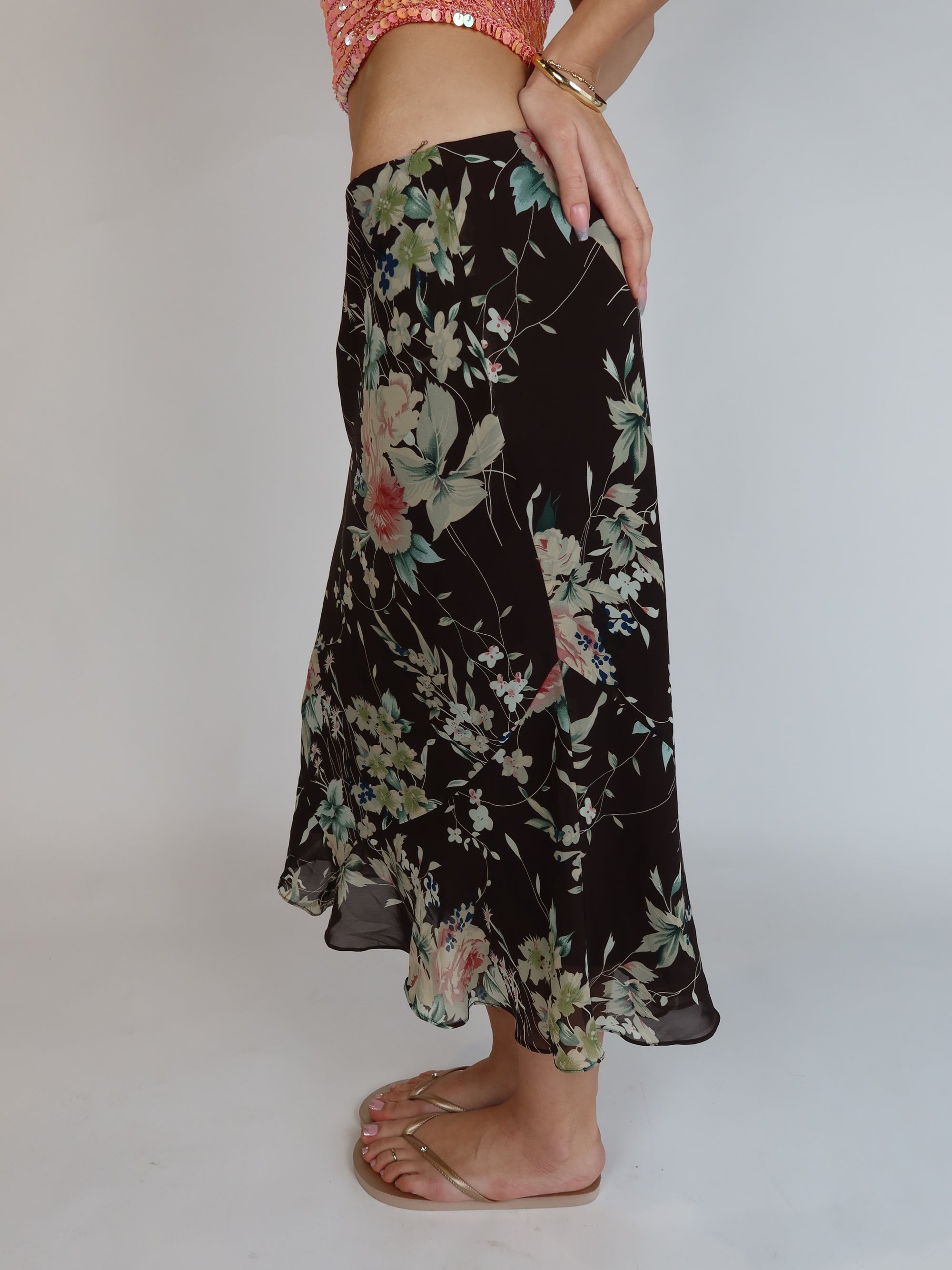 Floral Mesh Midi Skirt S