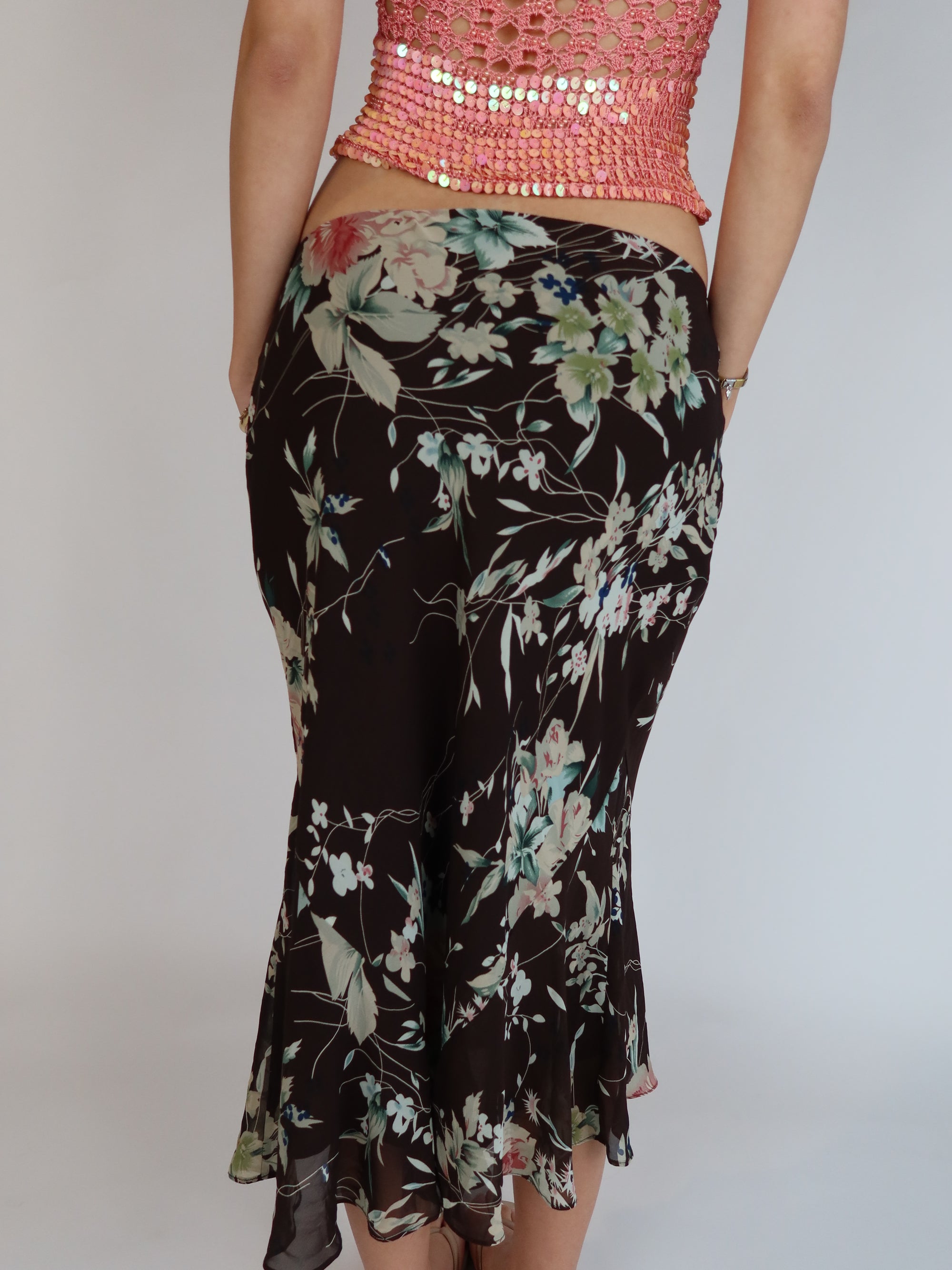 Floral Mesh Midi Skirt S