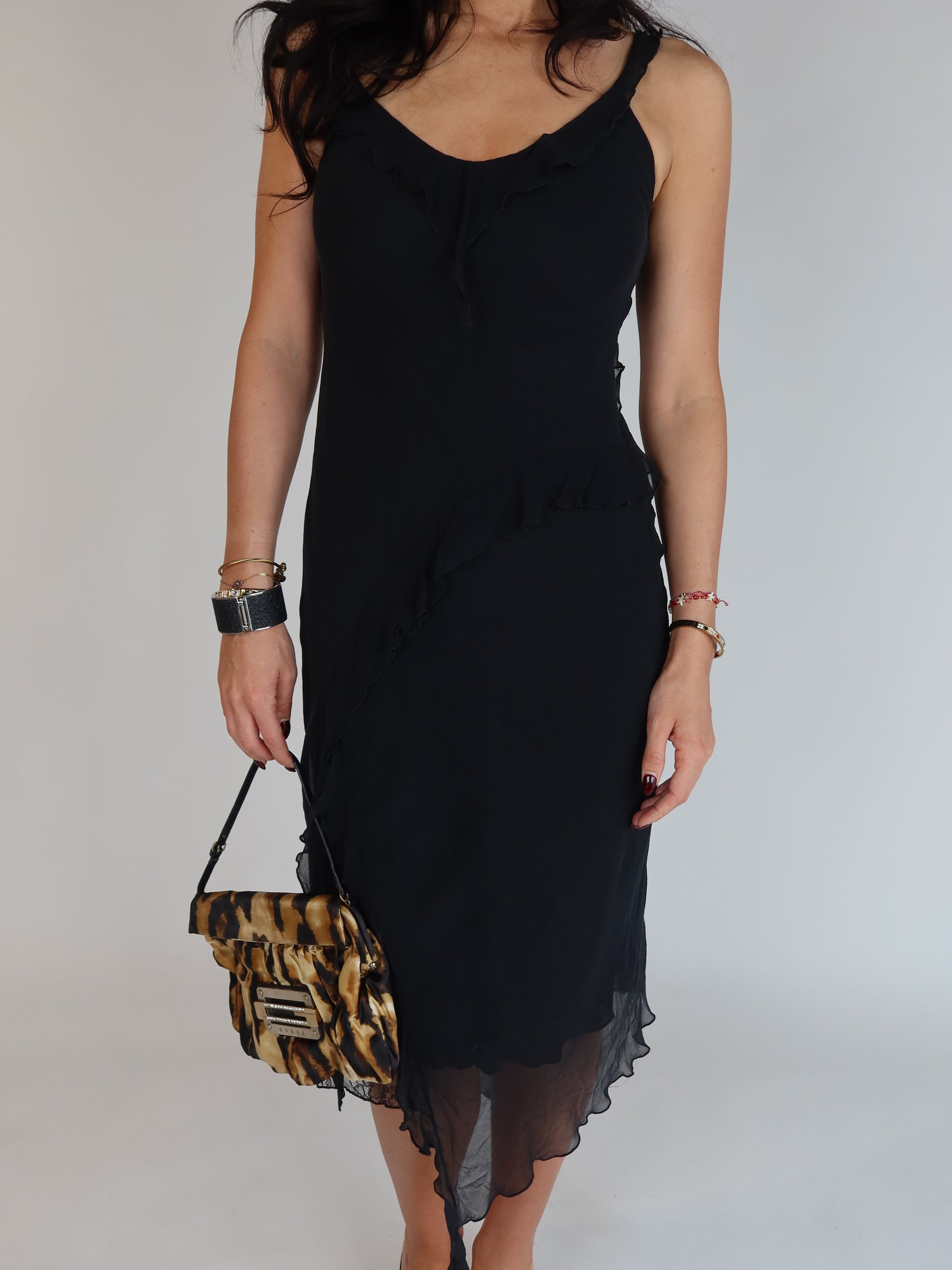 Vintage Y2K black silk slip dress with ruffle detailing and asymmetrical fairycore midi silhouette