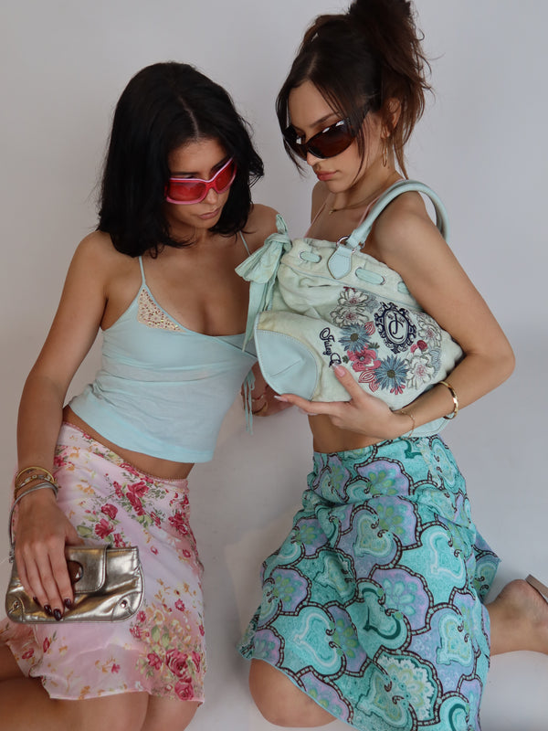 Vintage Hollister Y2K aqua wrap cami top with beaded crochet bust detailing, spaghetti straps and side tie fastening