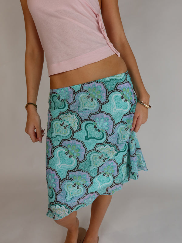 Vintage Y2K aqua paisley midi skirt with handkerchief hem and low rise fit