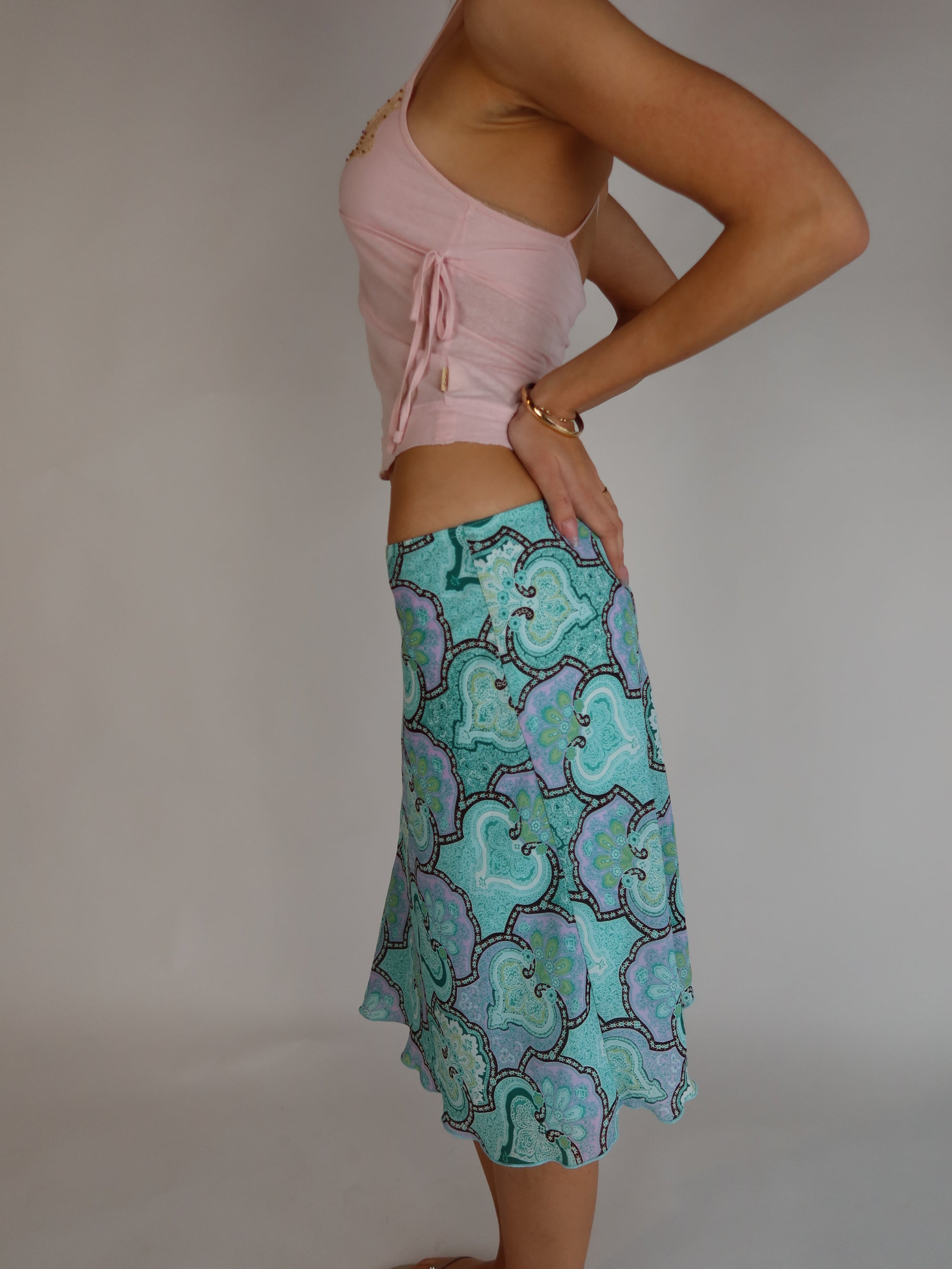 Y2K Aqua Paisley Midi Skirt S