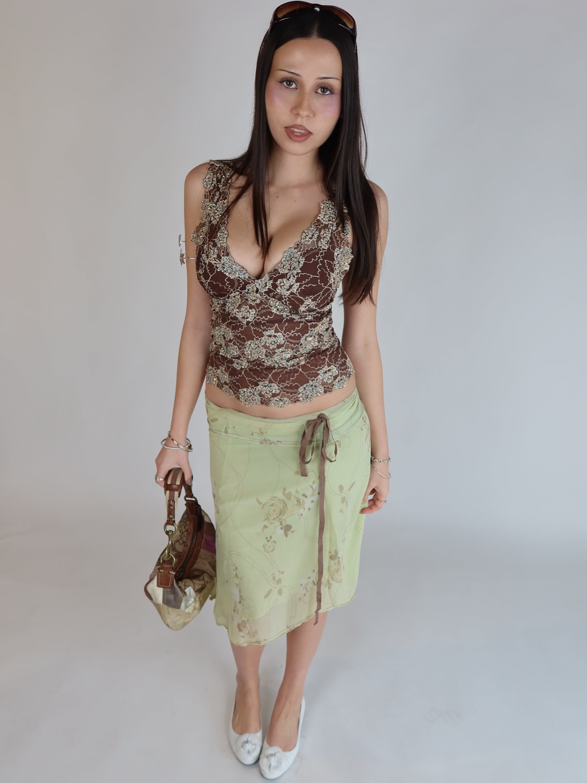 Vintage Y2K brown beaded lace corset top with floral embroidery, sequin embellishments and plunge neckline