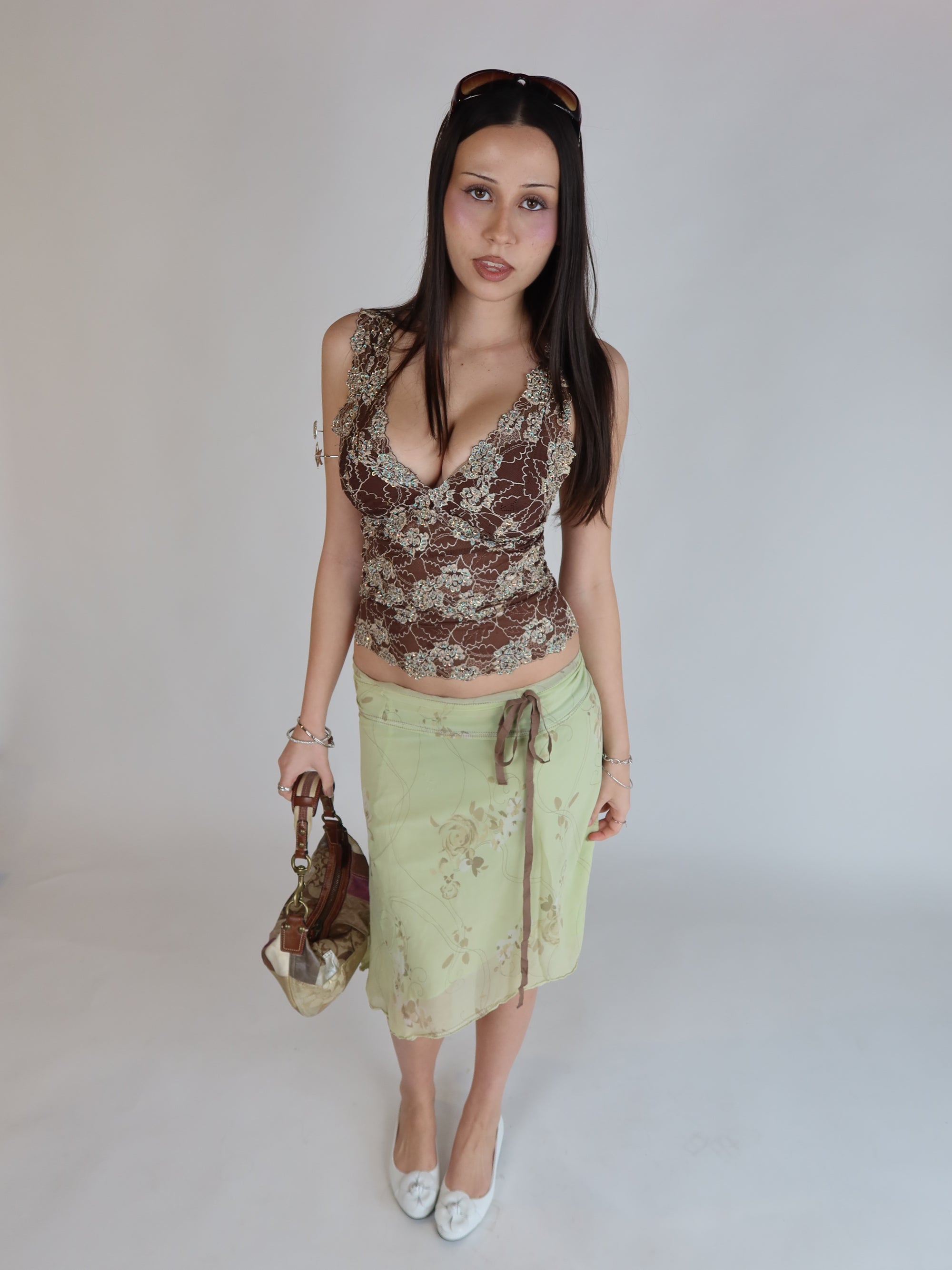 Vintage Y2K sage green floral mesh midi skirt with low-rise fit, tie waist detail and sheer layered fabric