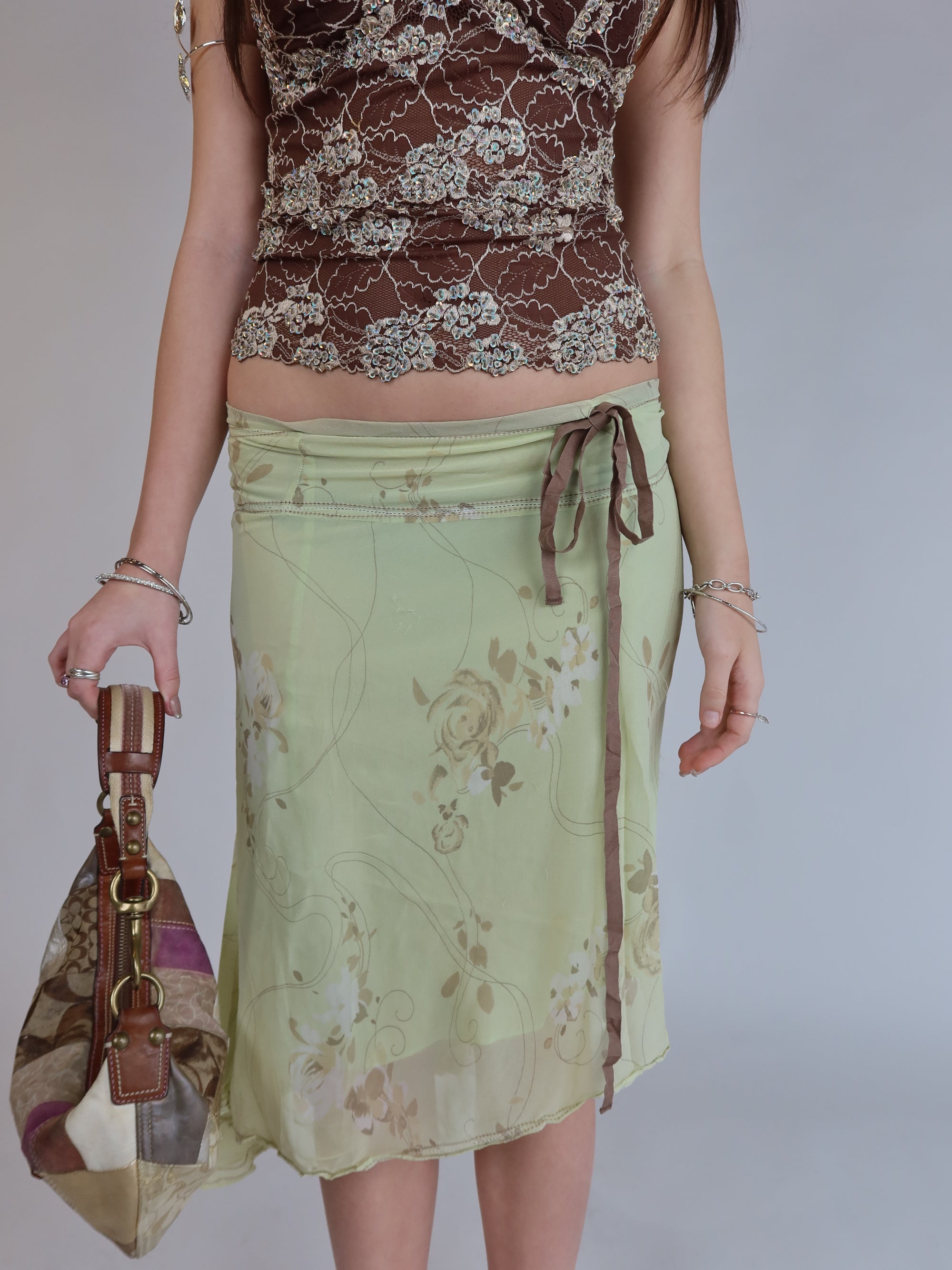 100% Silk Green Midi Skirt S/M