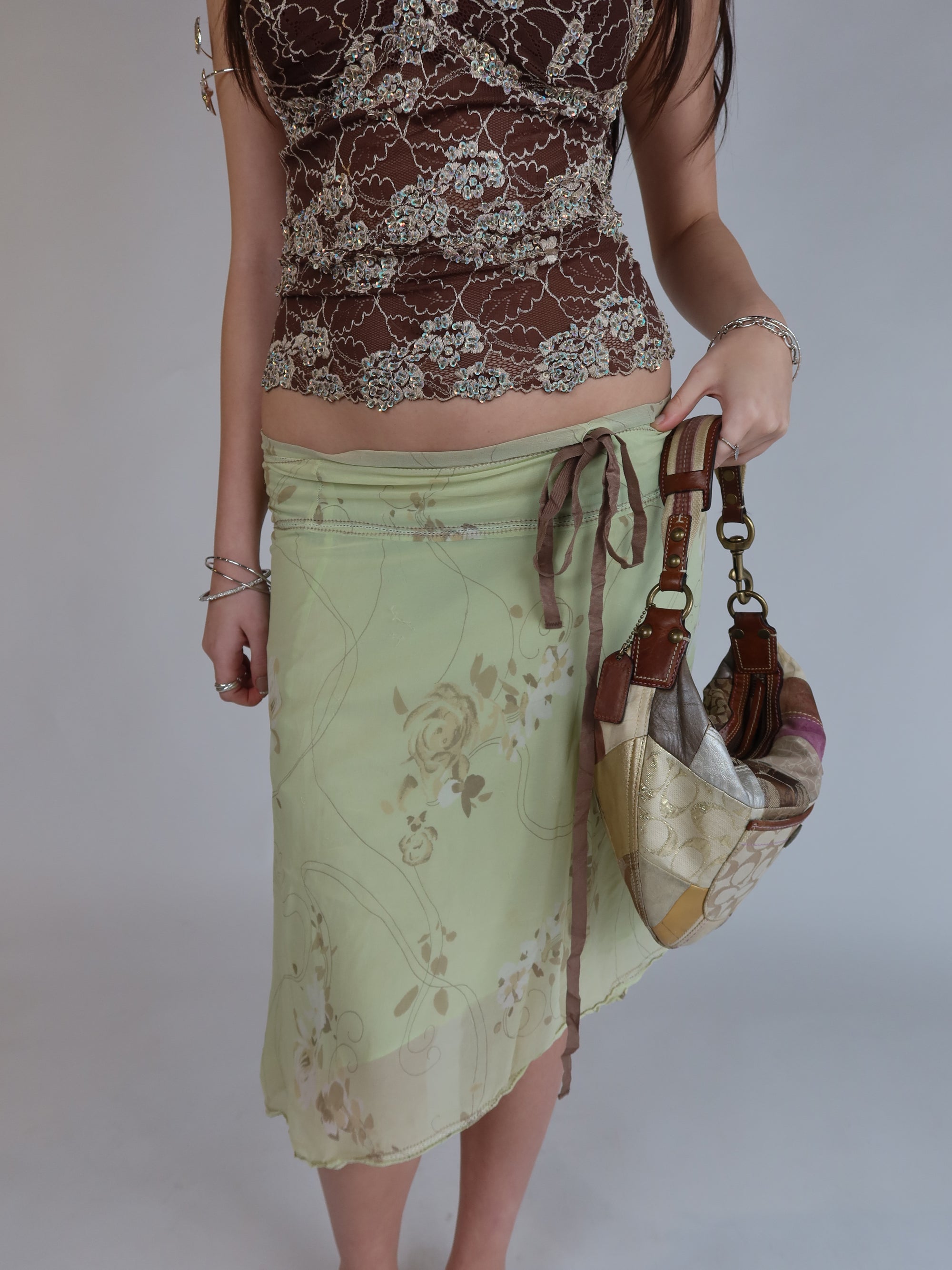 100% Silk Green Midi Skirt S/M