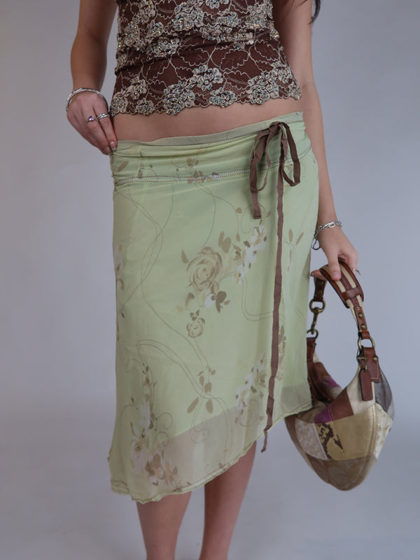 Vintage Y2K sage green floral mesh midi skirt with low-rise fit, tie waist detail and sheer layered fabric