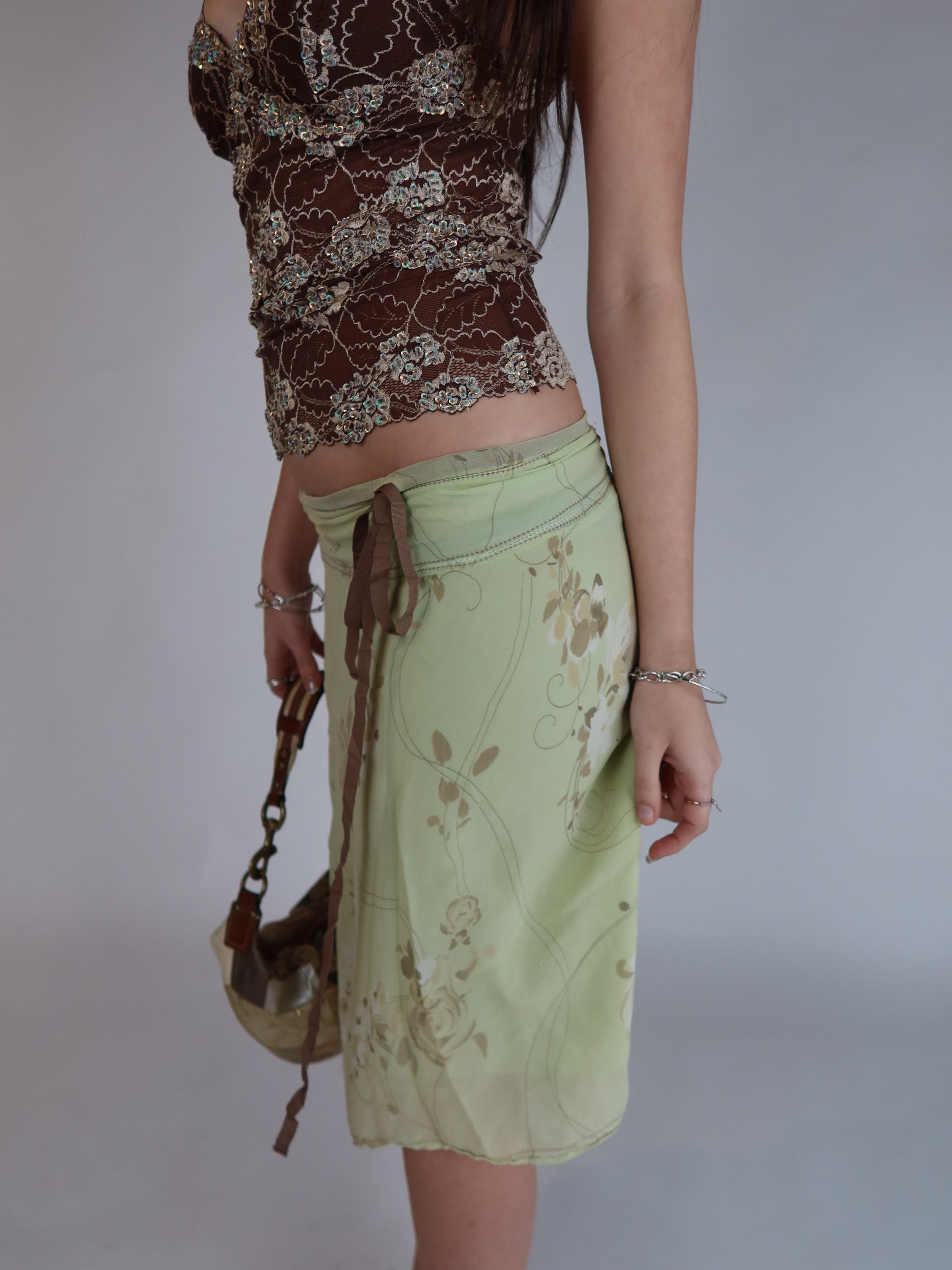 100% Silk Green Midi Skirt S/M