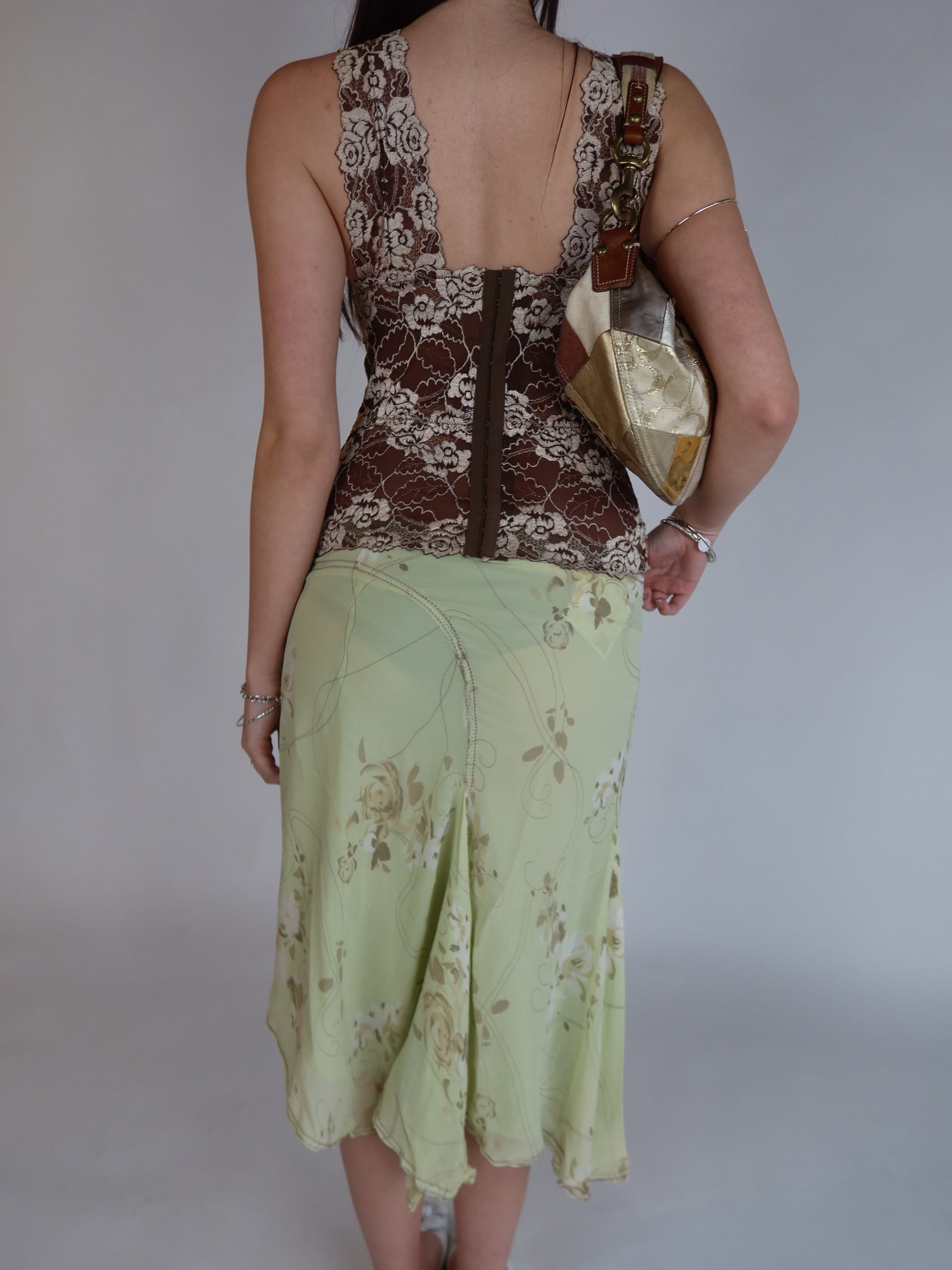 100% Silk Green Midi Skirt S/M