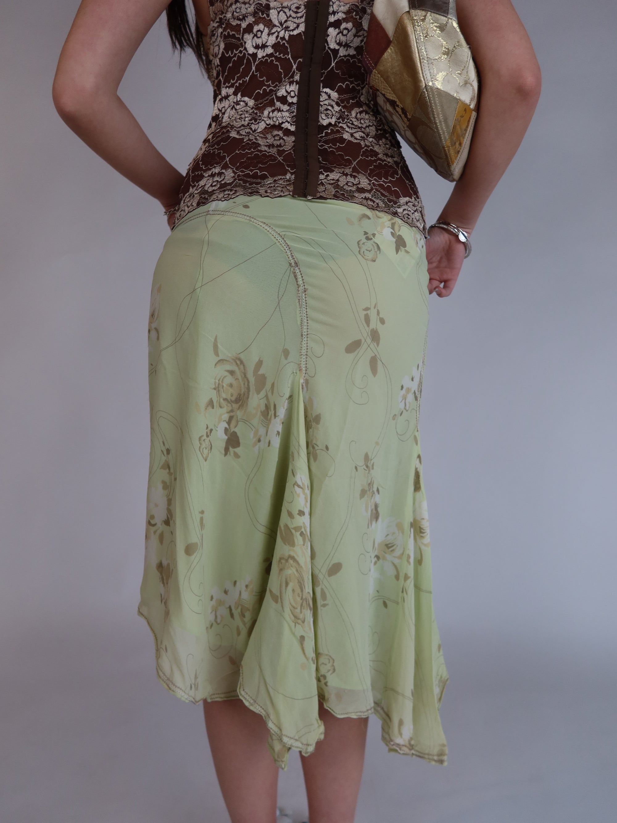 100% Silk Green Midi Skirt S/M