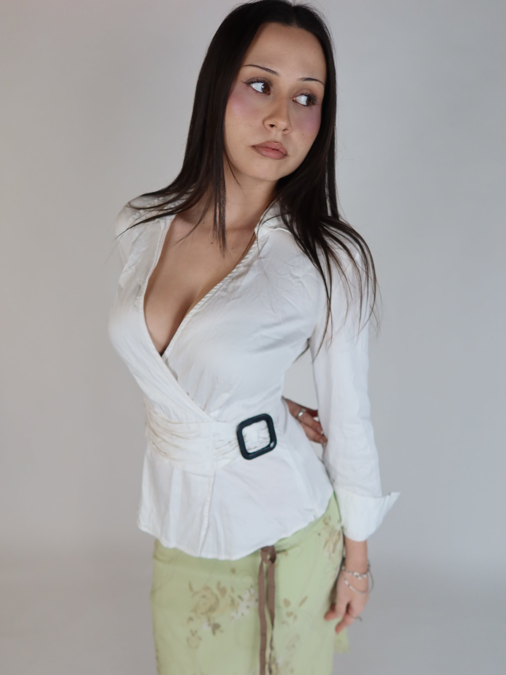 Y2K White Buckle Wrap Blouse M/L