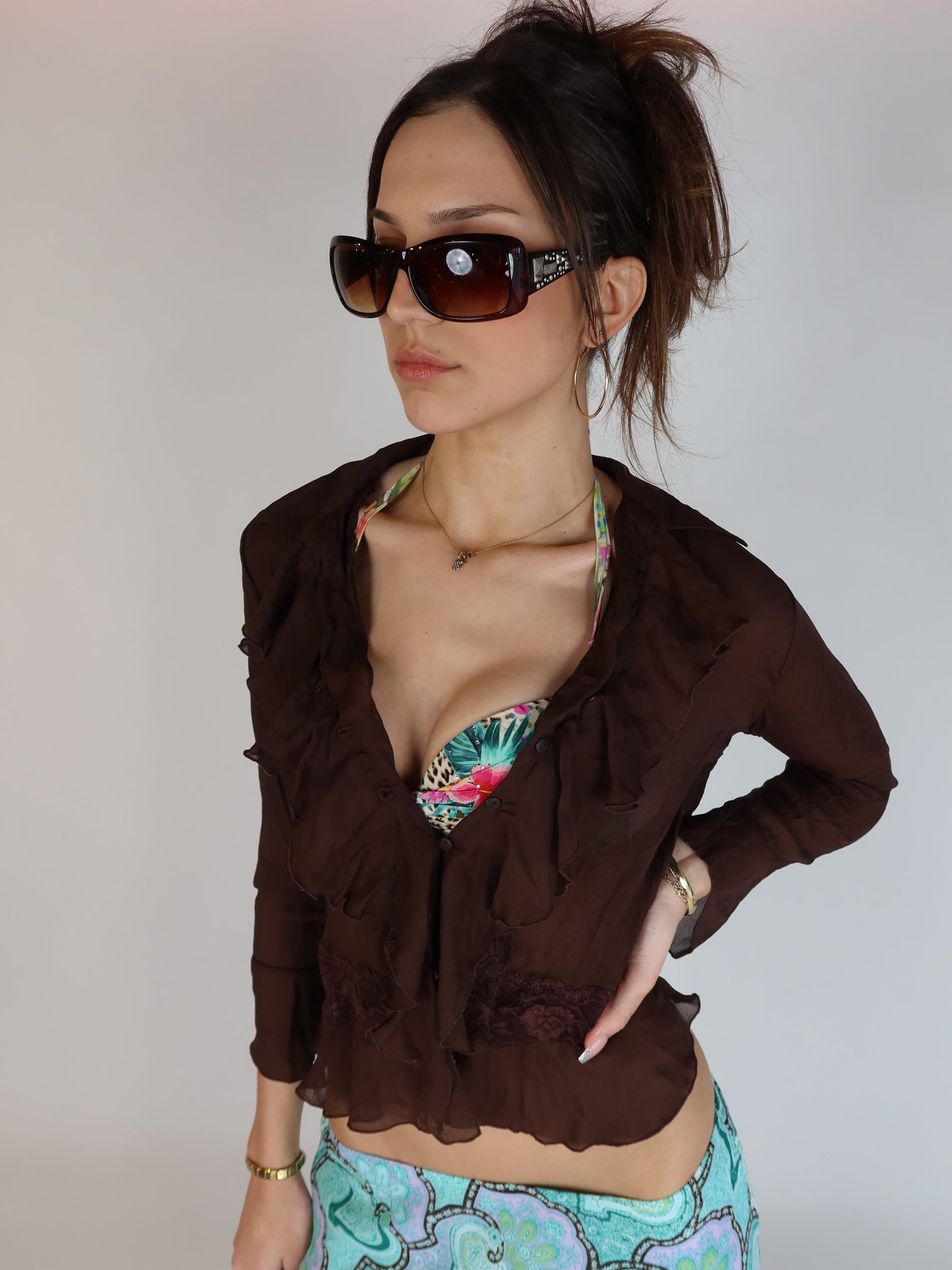 Vintage Y2K chocolate brown sheer blouse with cascading ruffle detailing, lace trim accents and button-front closure