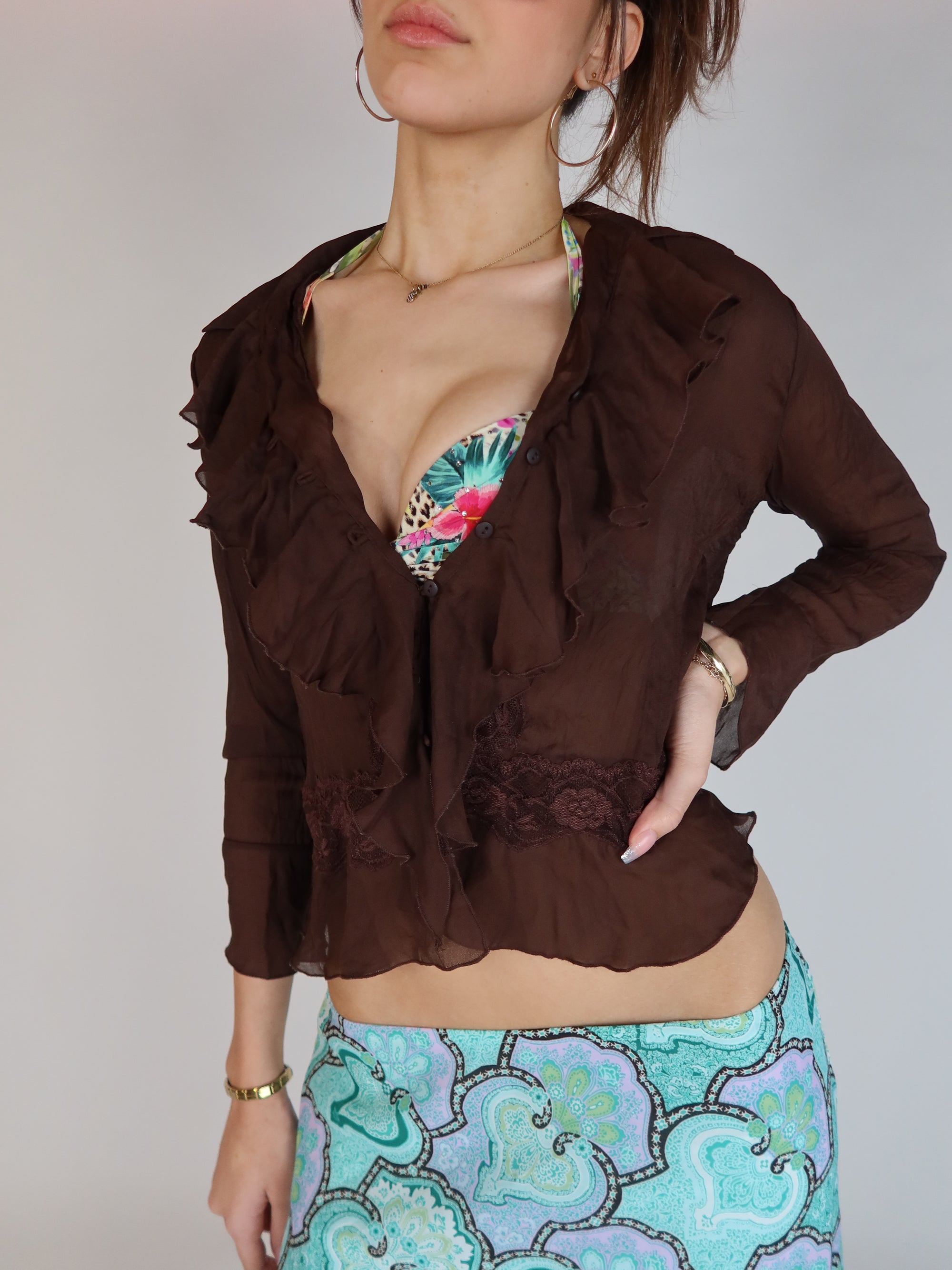 Brown Sheer Ruffle Blouse S/M