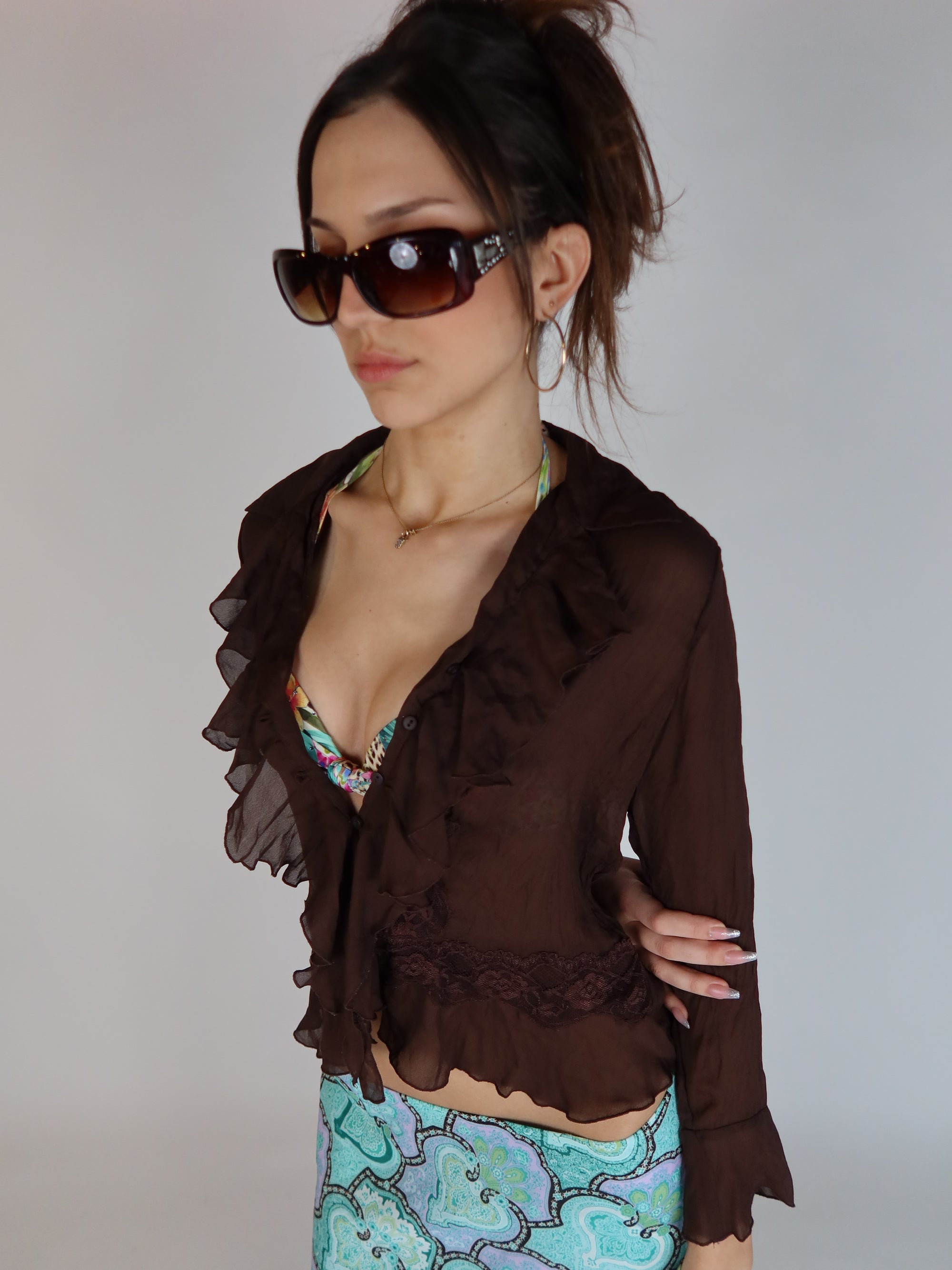 Brown Sheer Ruffle Blouse S/M