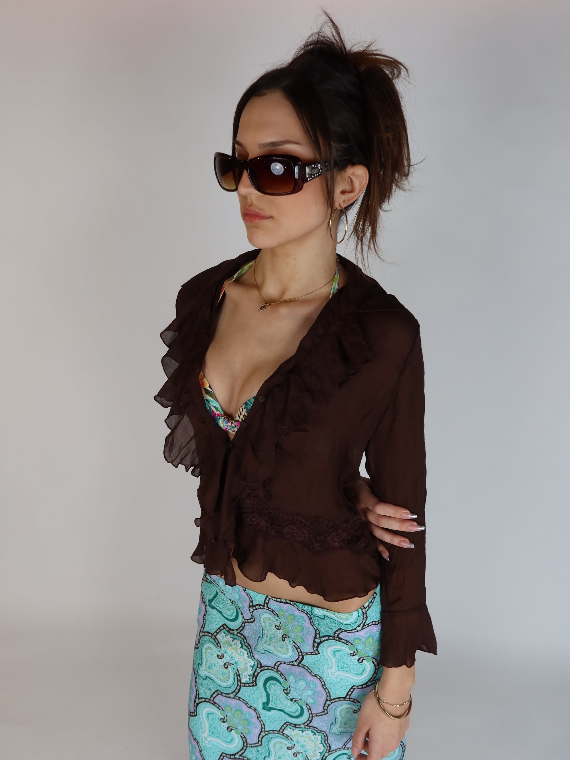 Brown Sheer Ruffle Blouse S/M