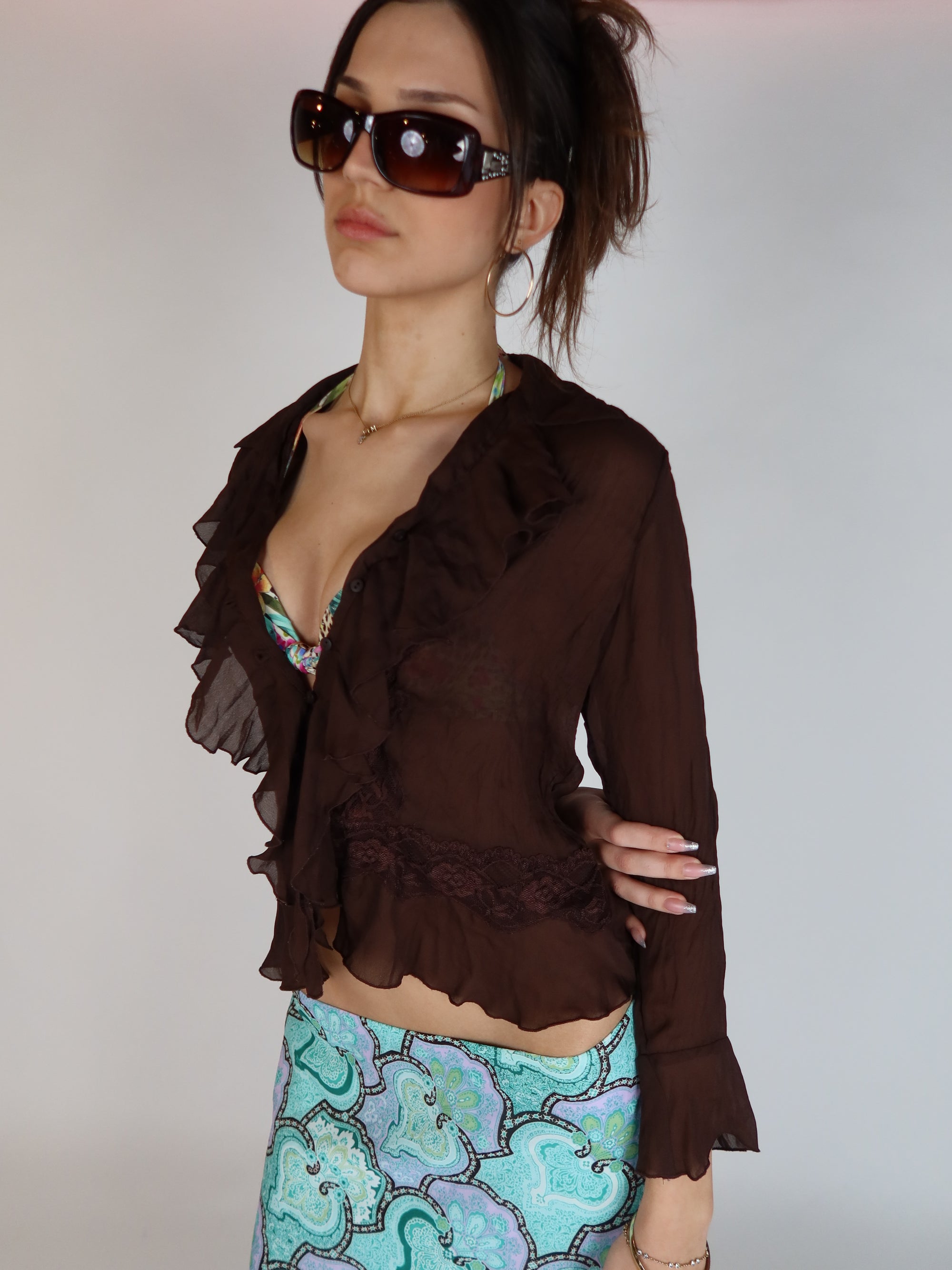 Brown Sheer Ruffle Blouse S/M