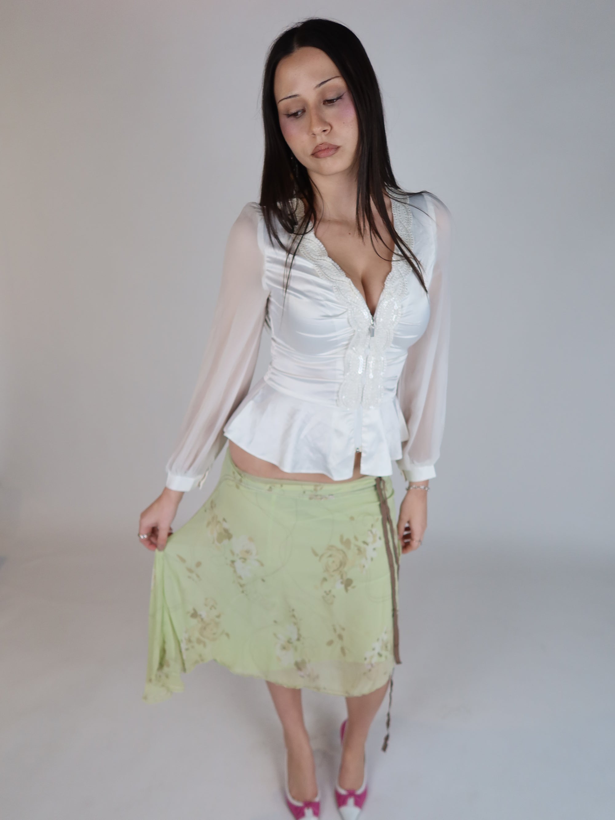White Satin Peplum Top S/M