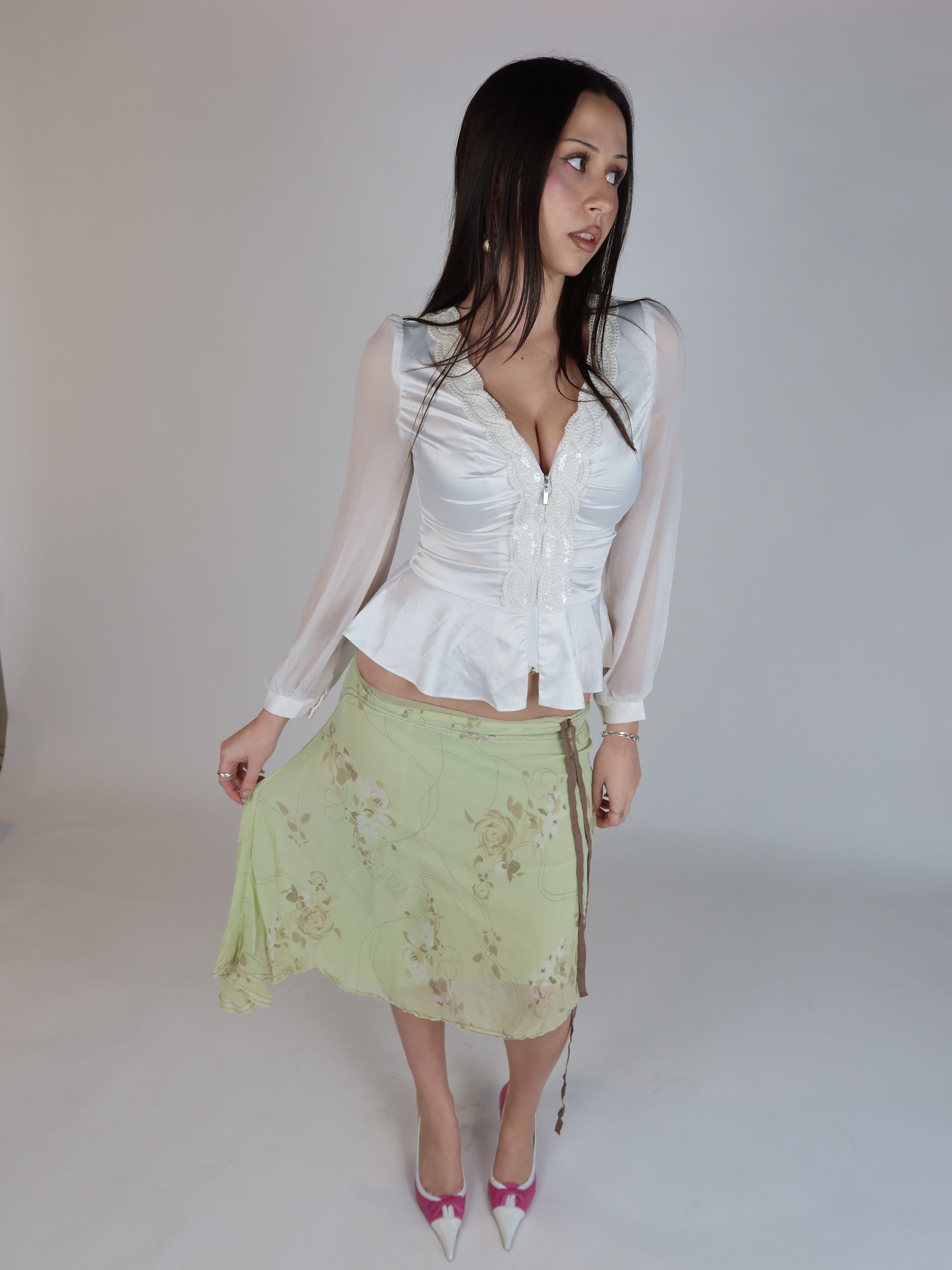 White Satin Peplum Top S/M