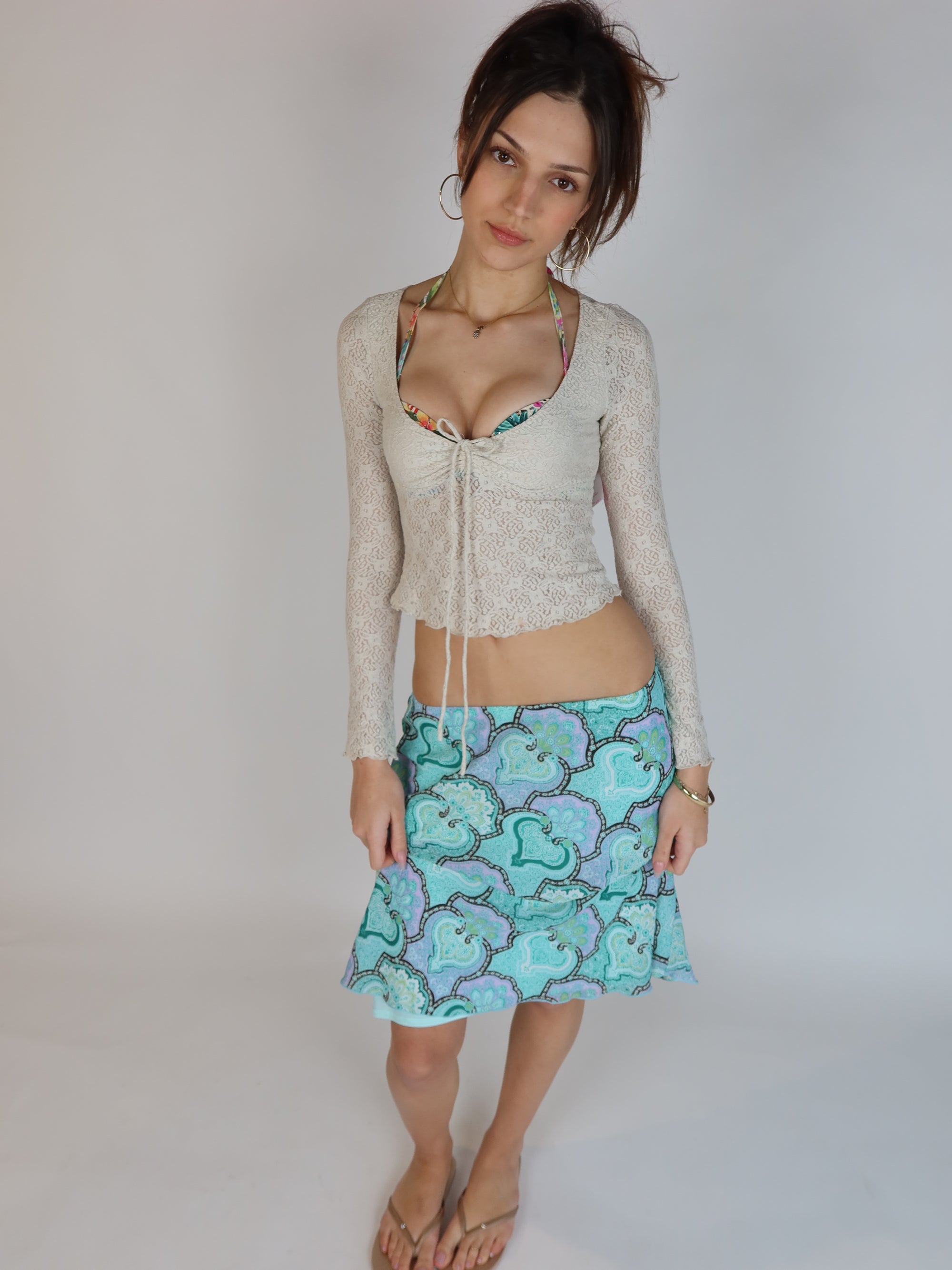 Y2K Cream Lace Tie Front Top XS