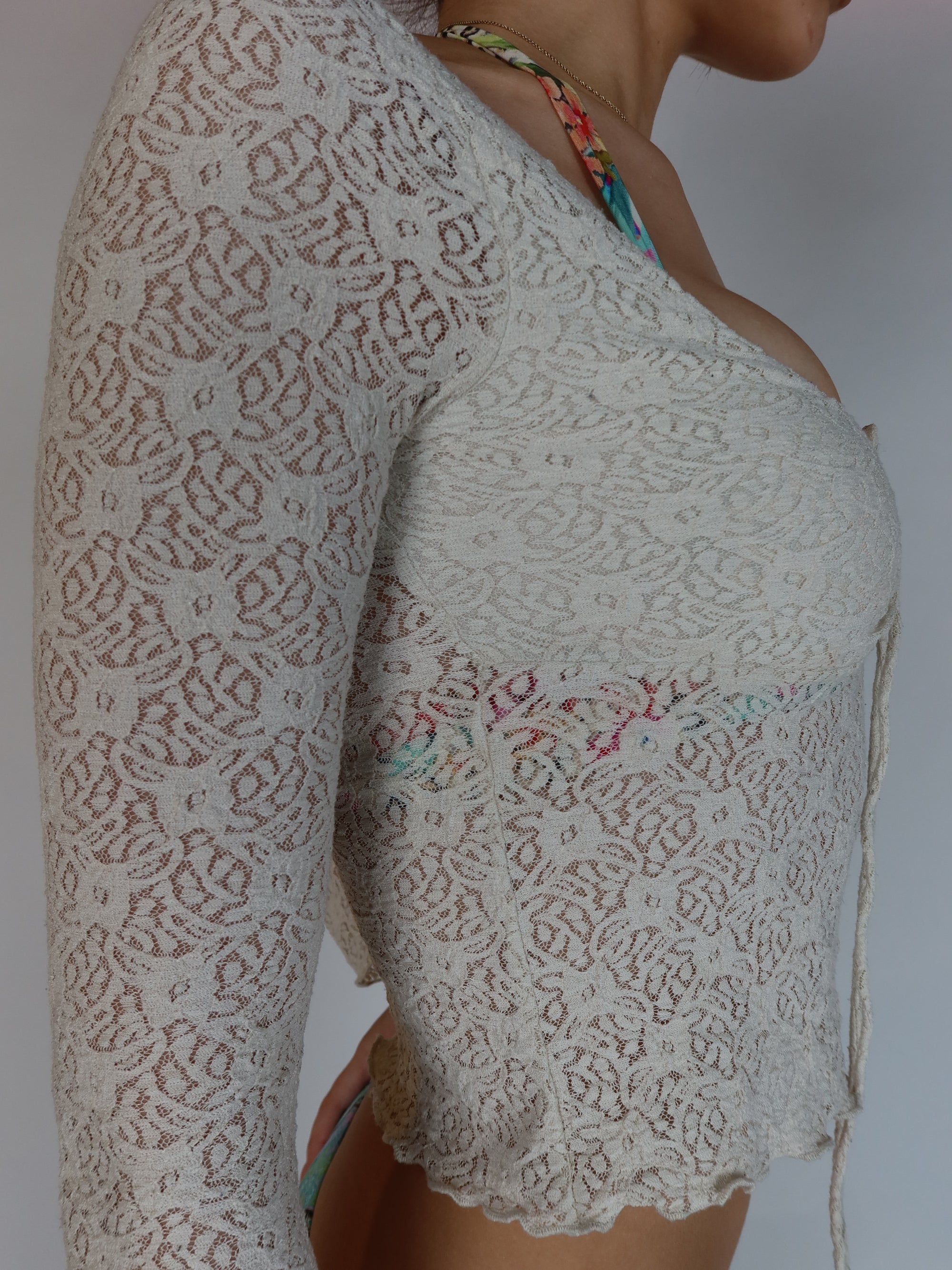 Y2K Cream Lace Tie Front Top XS