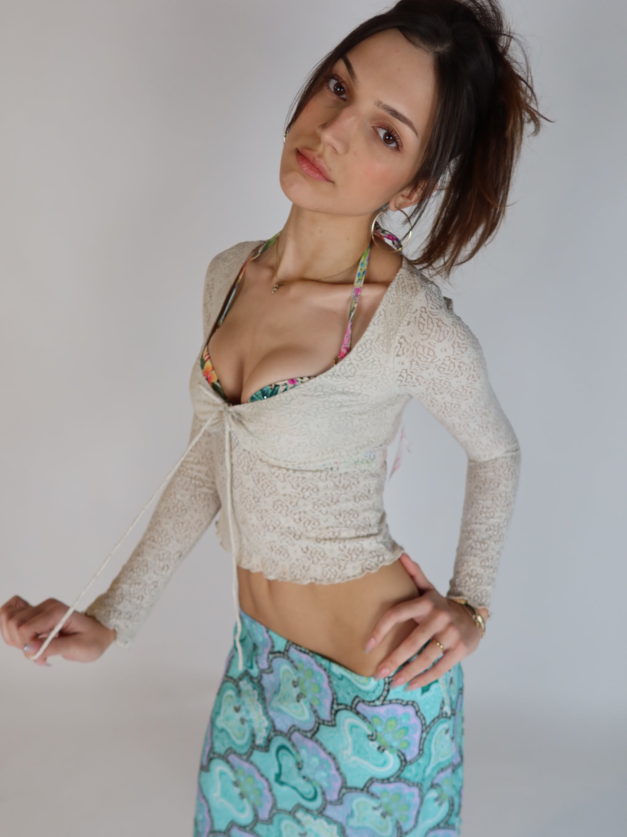 Y2K Cream Lace Tie Front Top XS