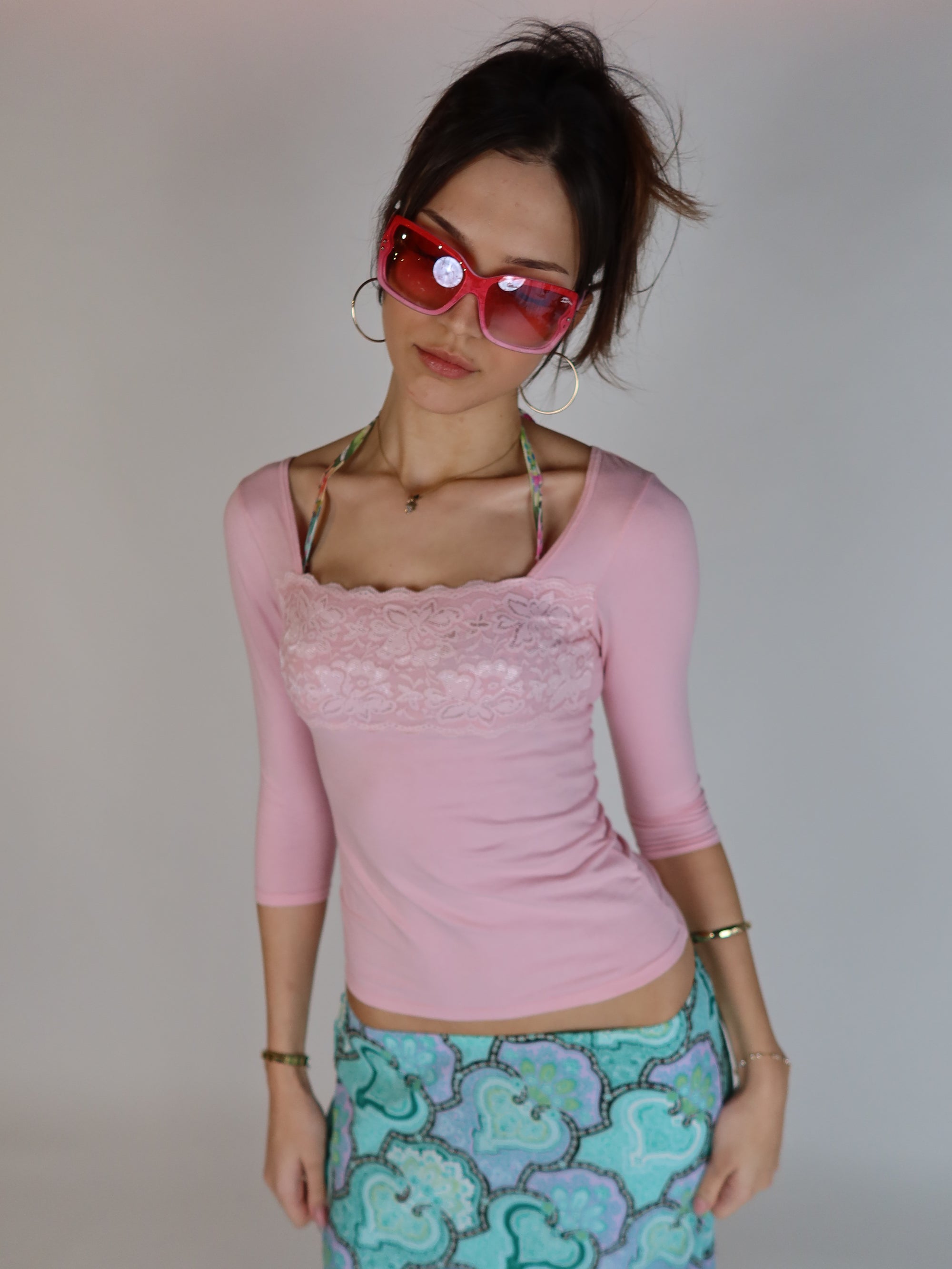 Vintage Y2K baby pink fitted top with floral lace neckline detailing and three-quarter length sleeves
