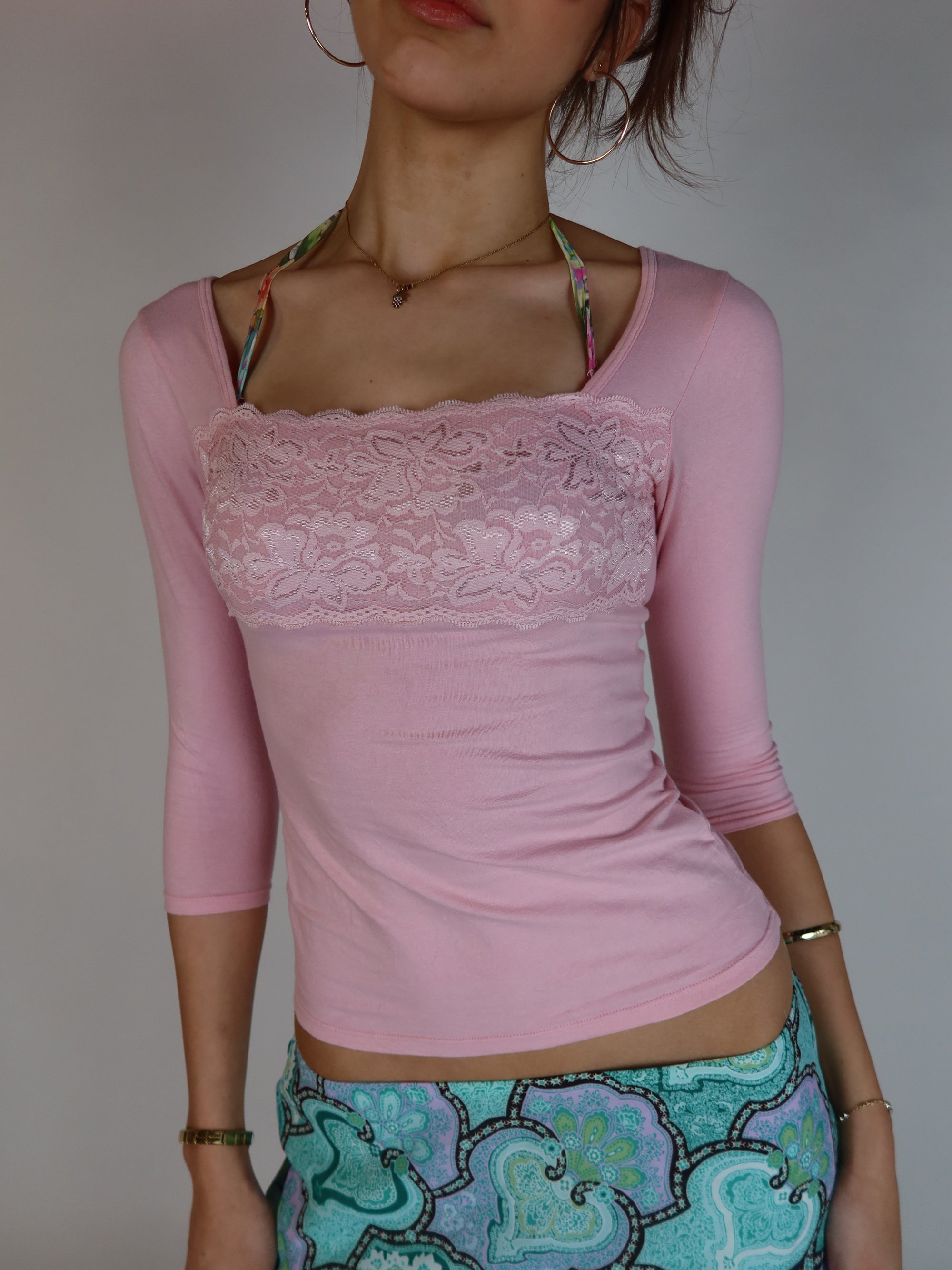 Vintage Y2K baby pink fitted top with floral lace neckline detailing and three-quarter length sleeves