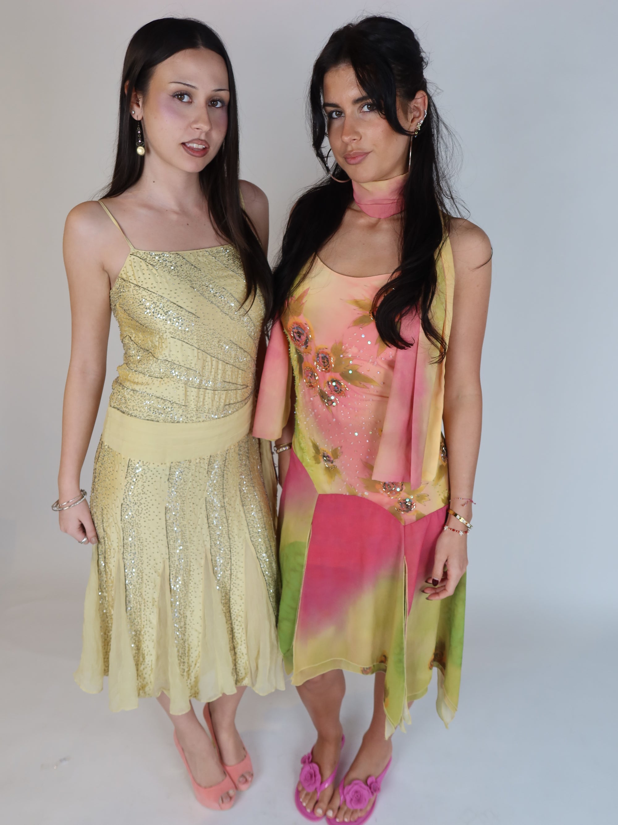 Vintage Y2K pastel floral sequin slip dress with matching scarf, asymmetrical handkerchief hem, and pink, lime green, and yellow watercolor print.