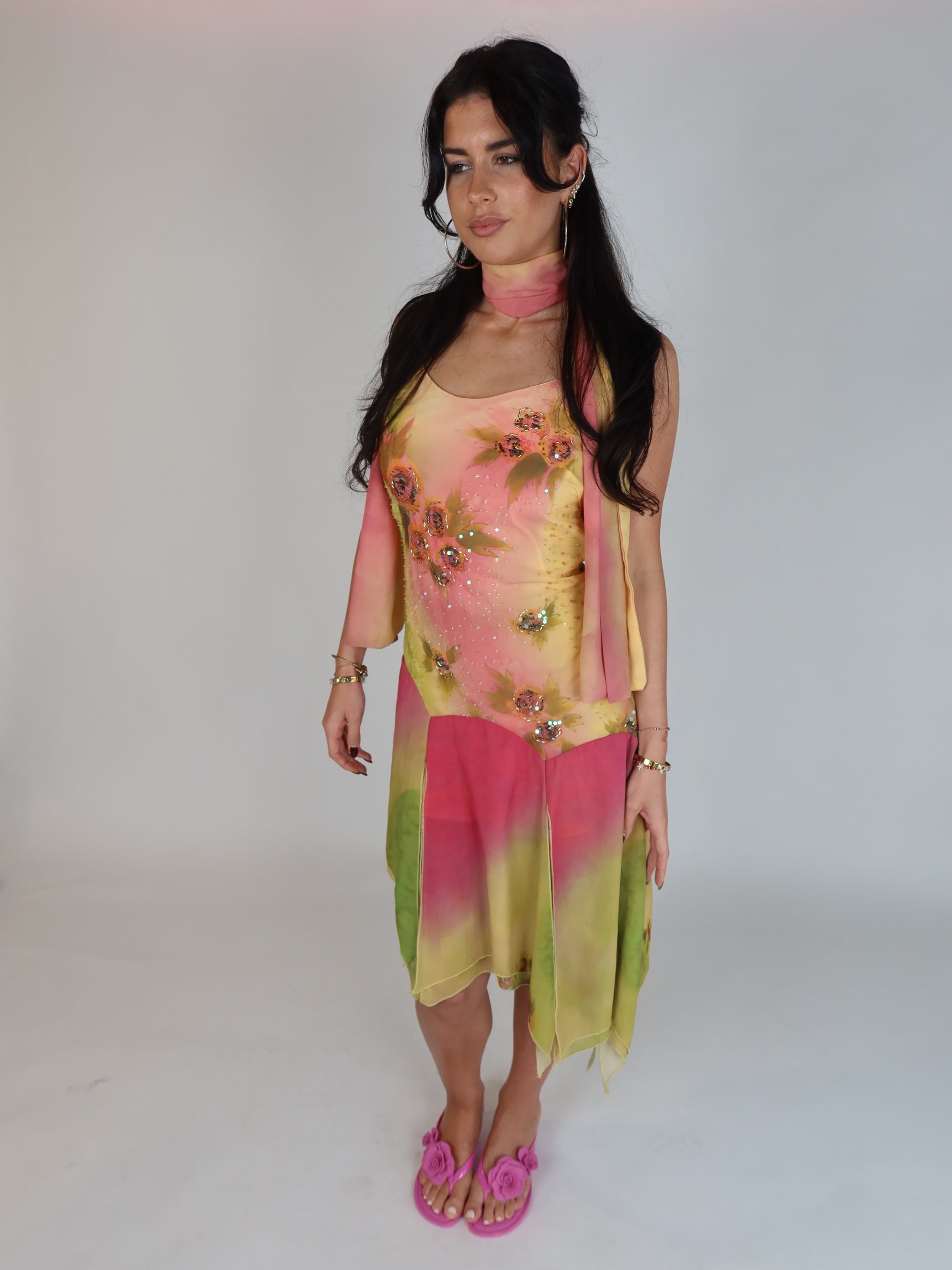 Vintage Y2K pastel floral sequin slip dress with matching scarf, asymmetrical handkerchief hem, and pink, lime green, and yellow watercolor print.