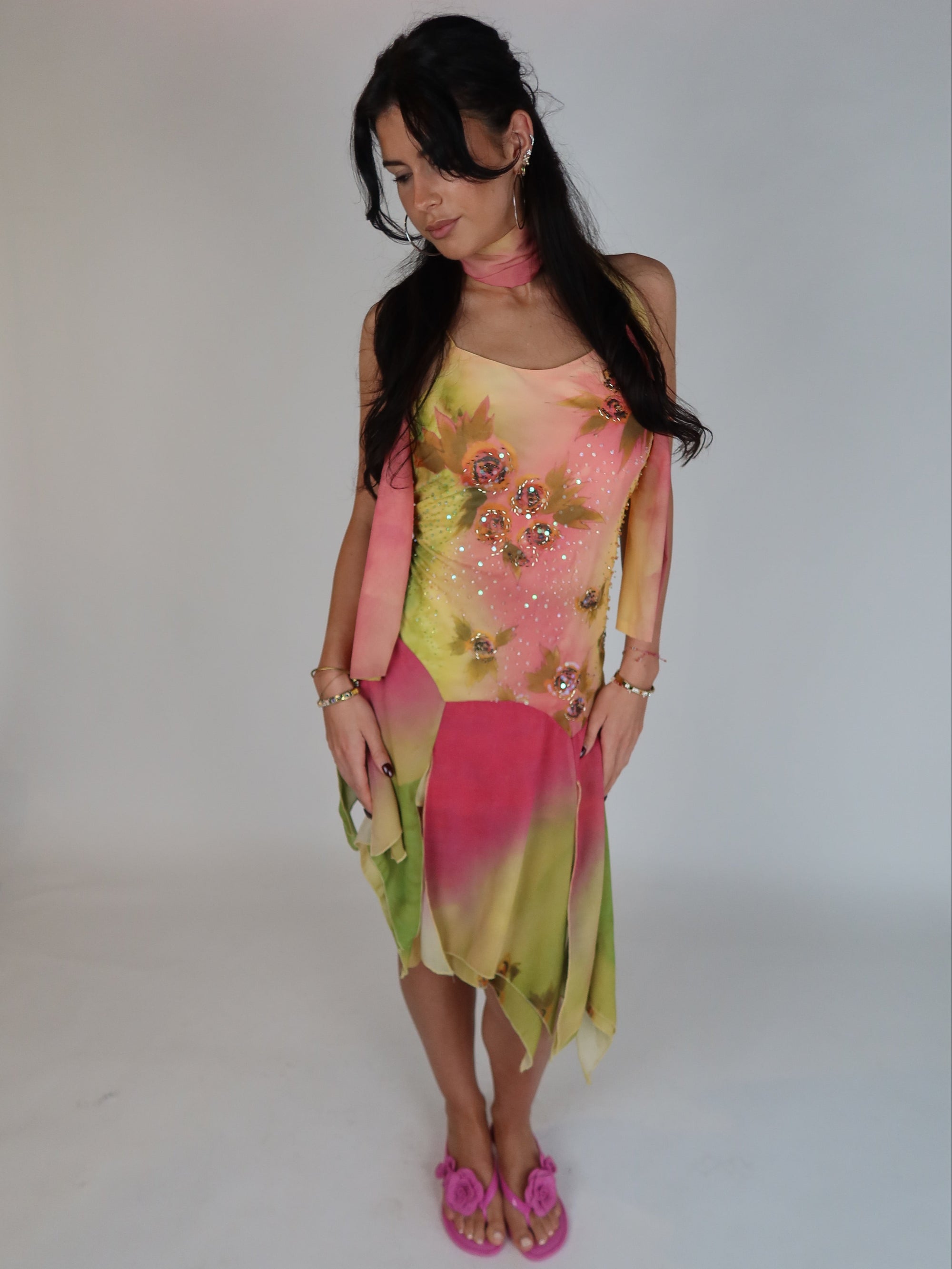 Vintage Y2K pastel floral sequin slip dress with matching scarf, asymmetrical handkerchief hem, and pink, lime green, and yellow watercolor print.