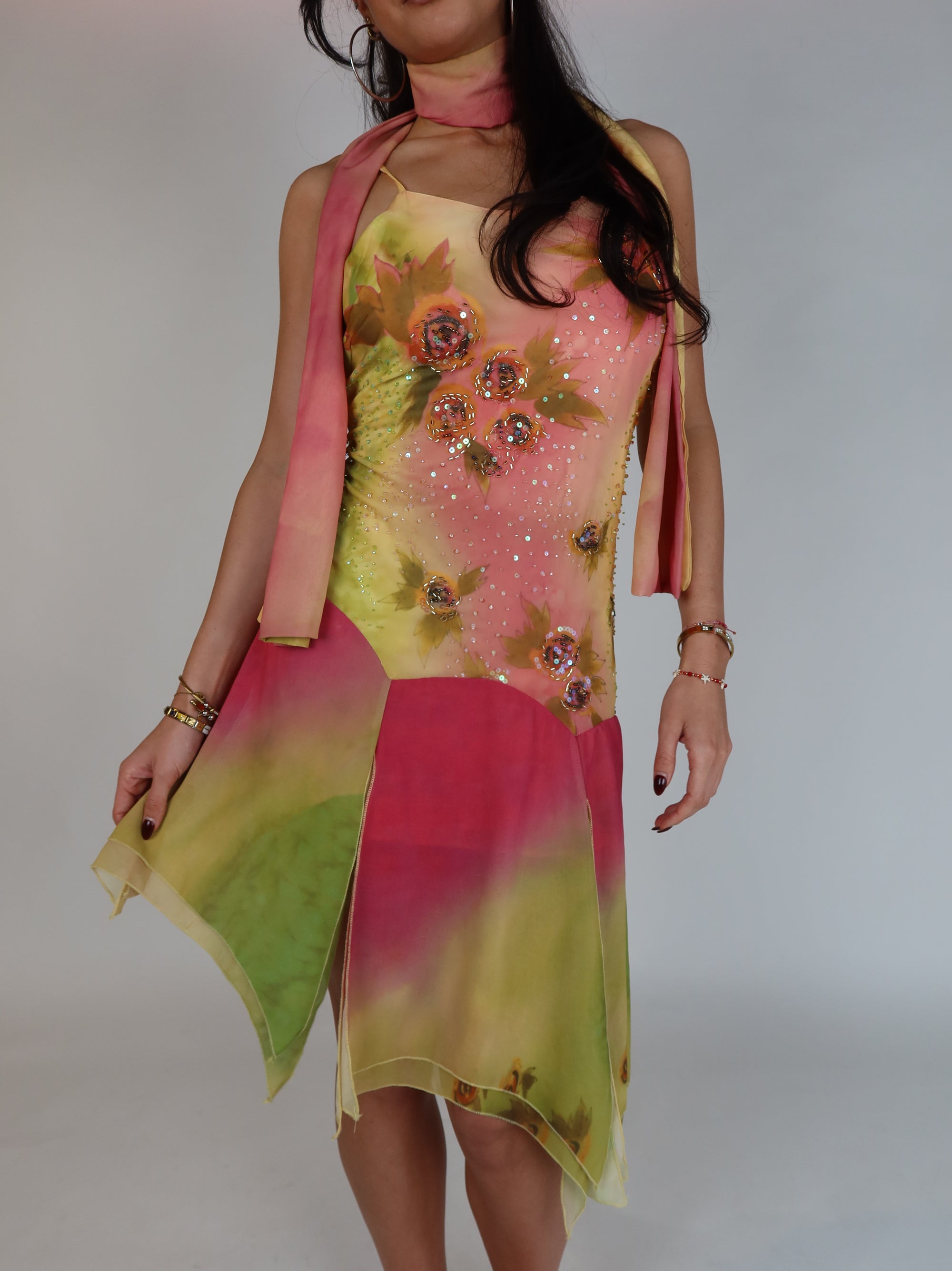 Vintage Y2K pastel floral sequin slip dress with matching scarf, asymmetrical handkerchief hem, and pink, lime green, and yellow watercolor print.