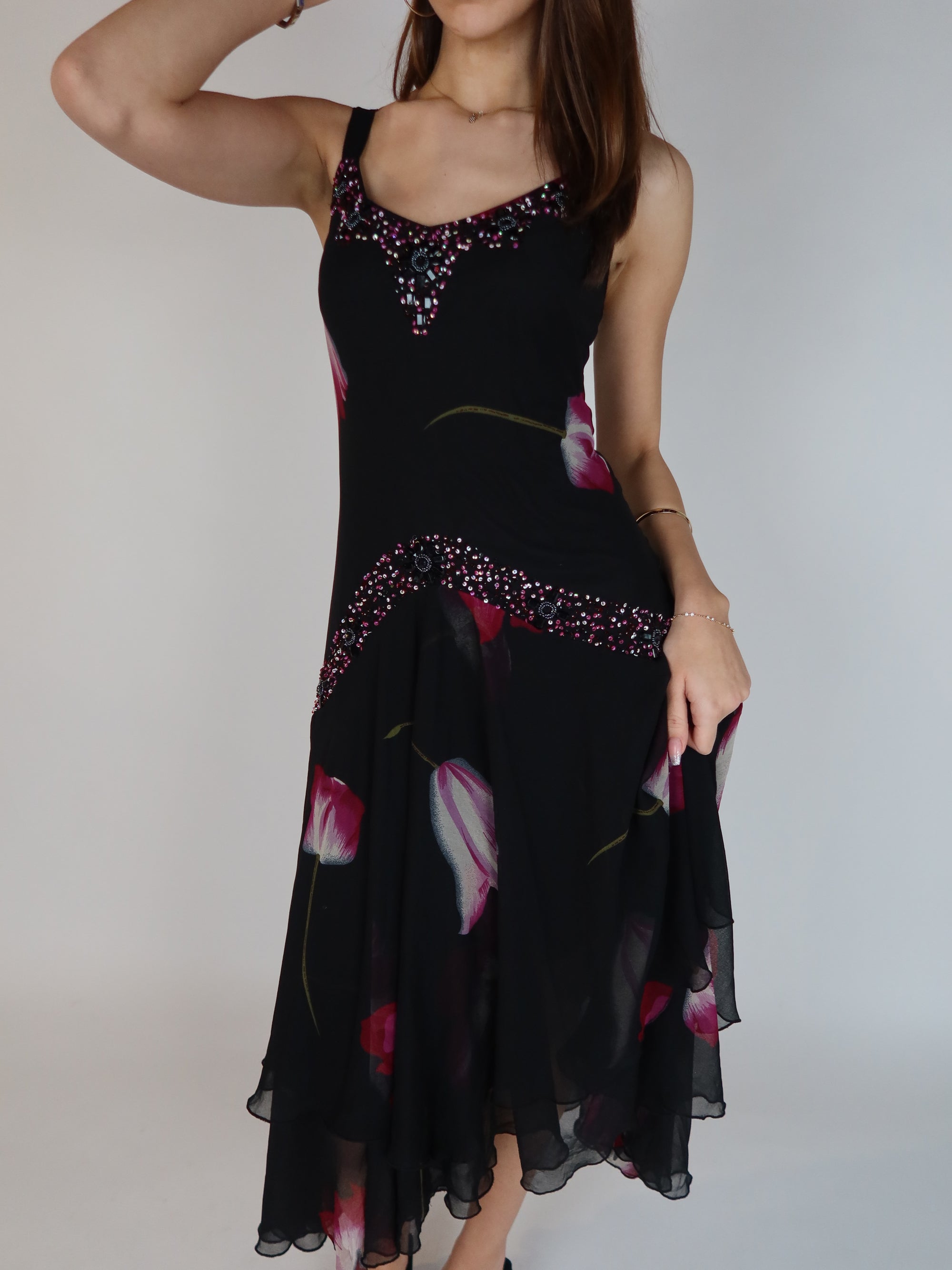 Y2K Black Floral Beaded Handkerchief Hem Midi Dress