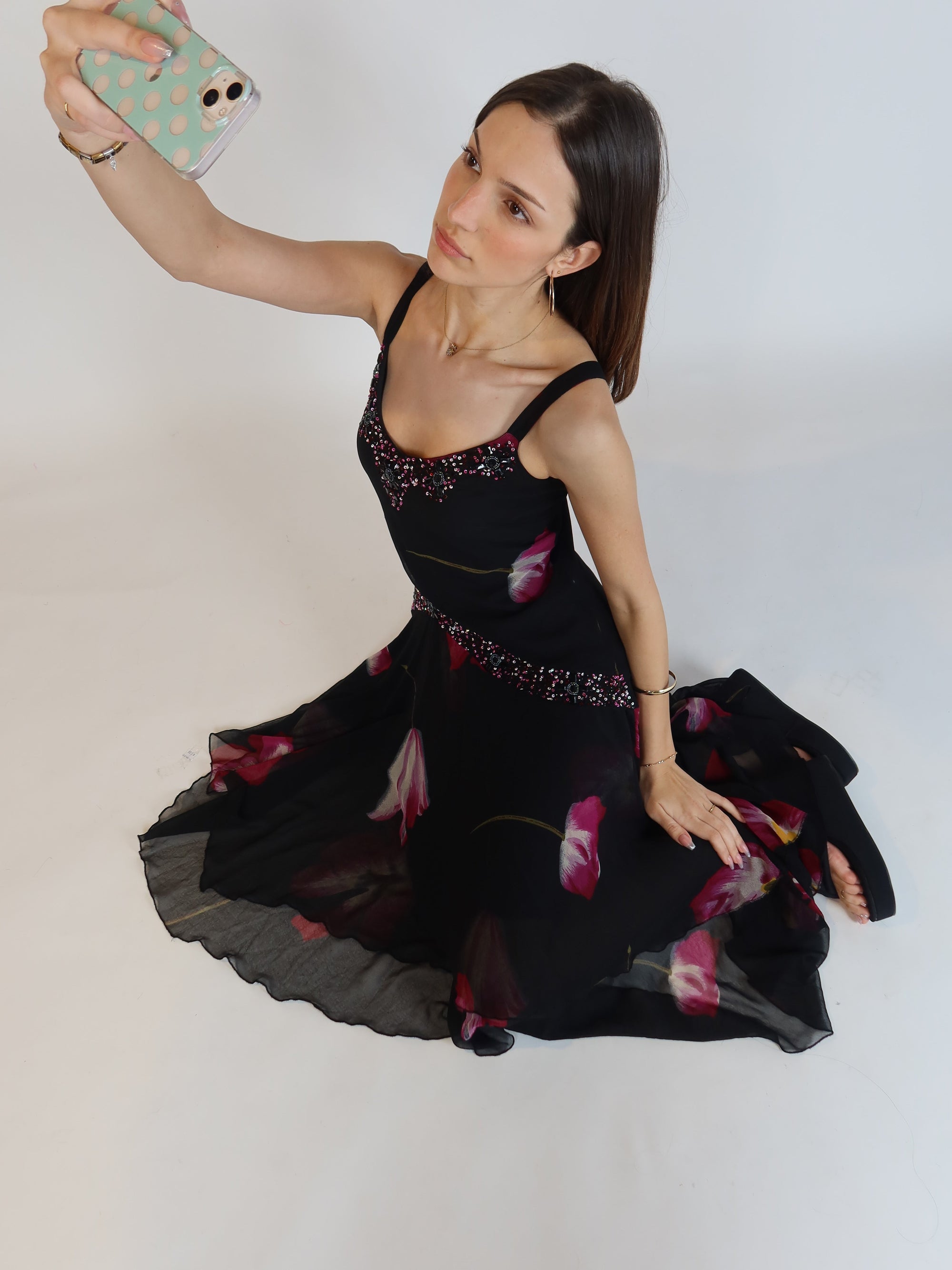 Y2K Black Floral Beaded Handkerchief Hem Midi Dress