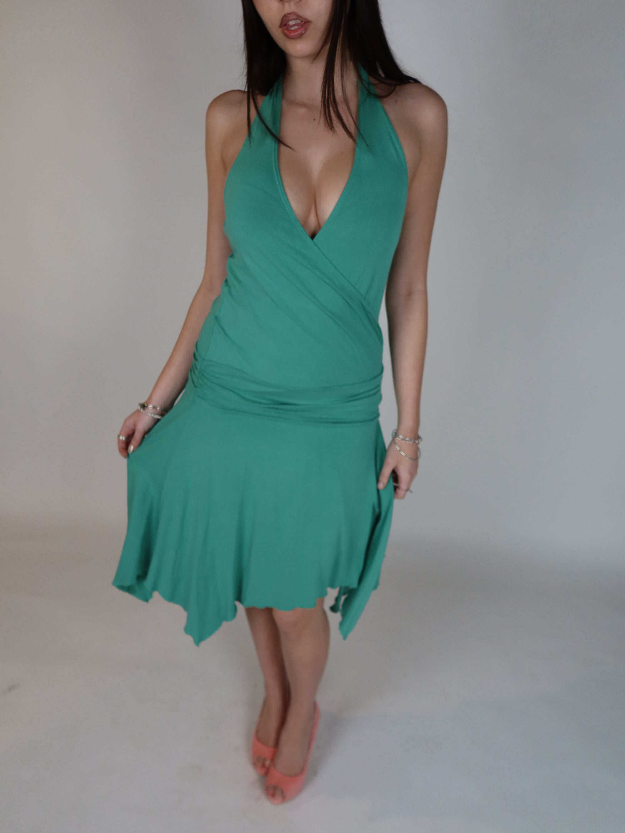 Green Drop Waist Halter Midi S/M