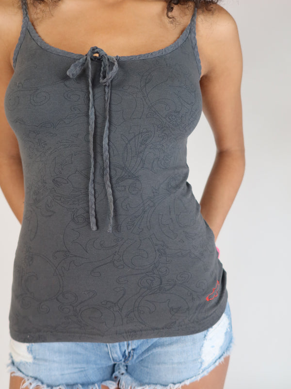 Vintage Y2K charcoal grey spaghetti strap cami top with a tie-front neckline, tonal graphic print, and fitted stretch silhouette.