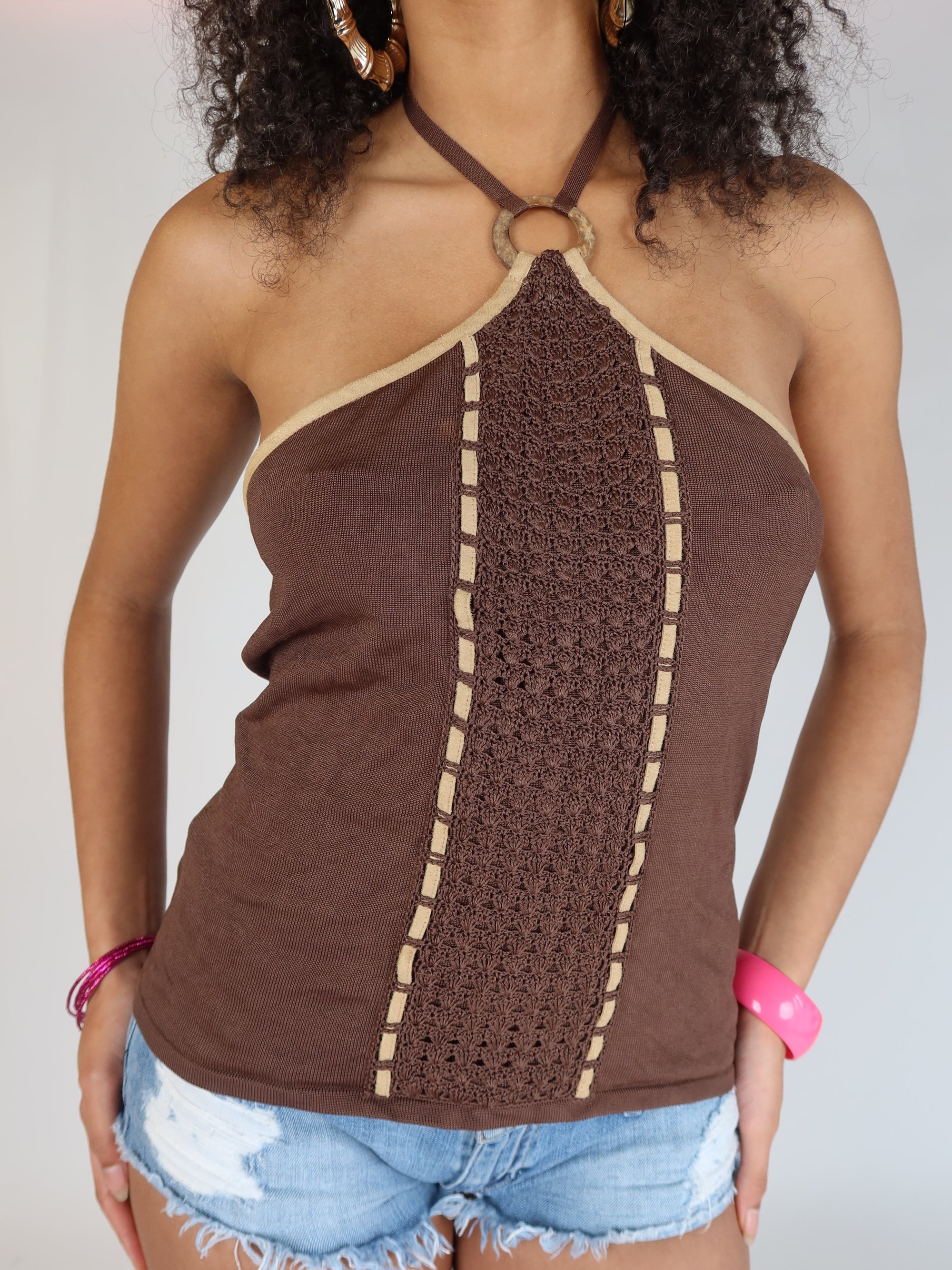 Vintage Y2K brown halter tank top with a crochet center panel, contrast beige trim, tortoiseshell ring neckline, and open back,