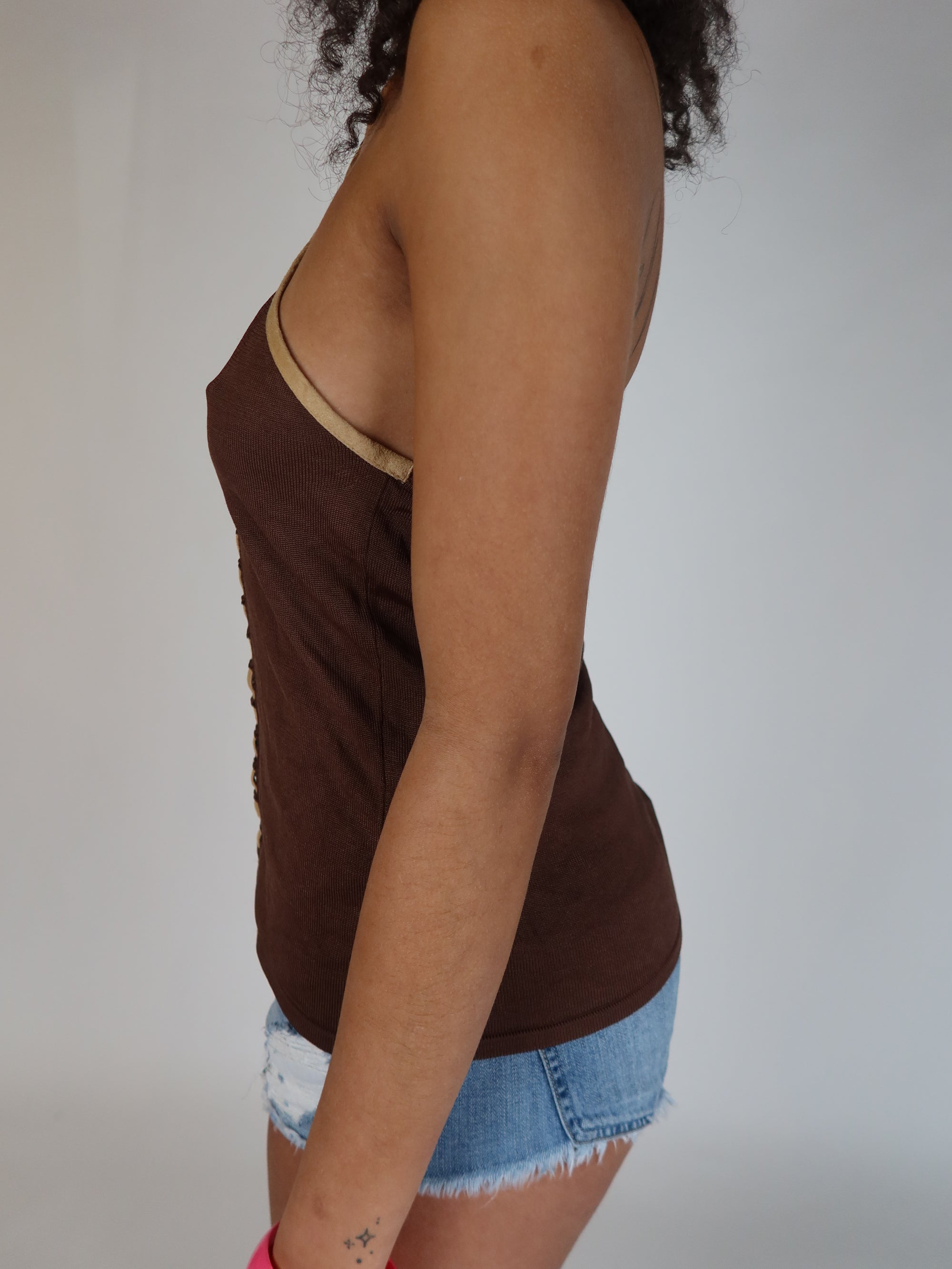 Y2K Brown Crochet Halter Top M