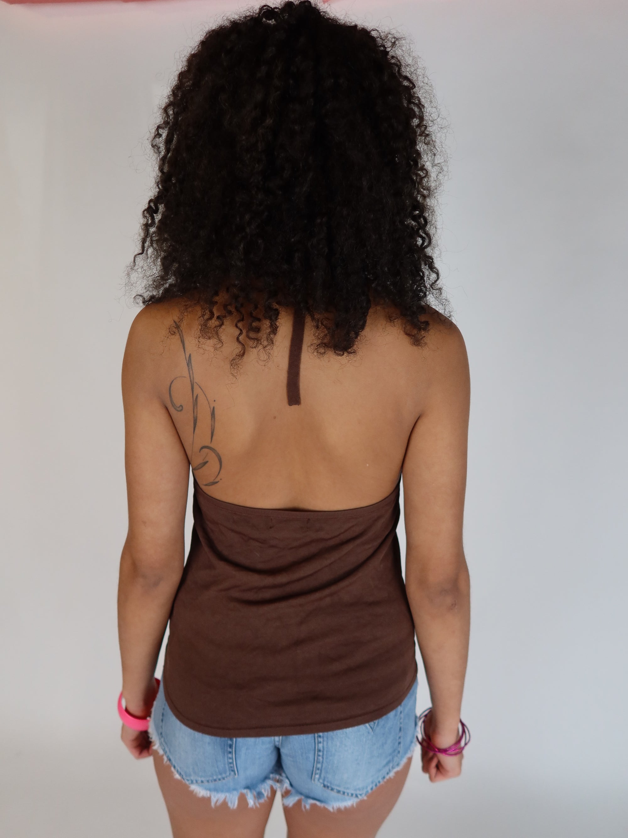Y2K Brown Crochet Halter Top M