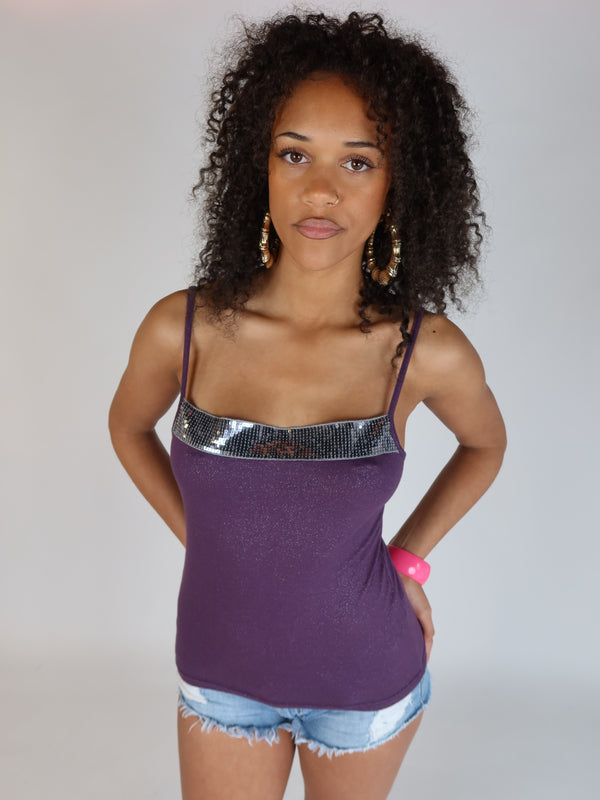 Vintage Y2K purple glitter cami top, resale clothing at Brat's Closet.