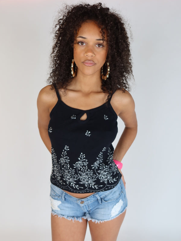 Vintage Y2K black floral embroidered tank top, resale clothing at Brat's Closet.