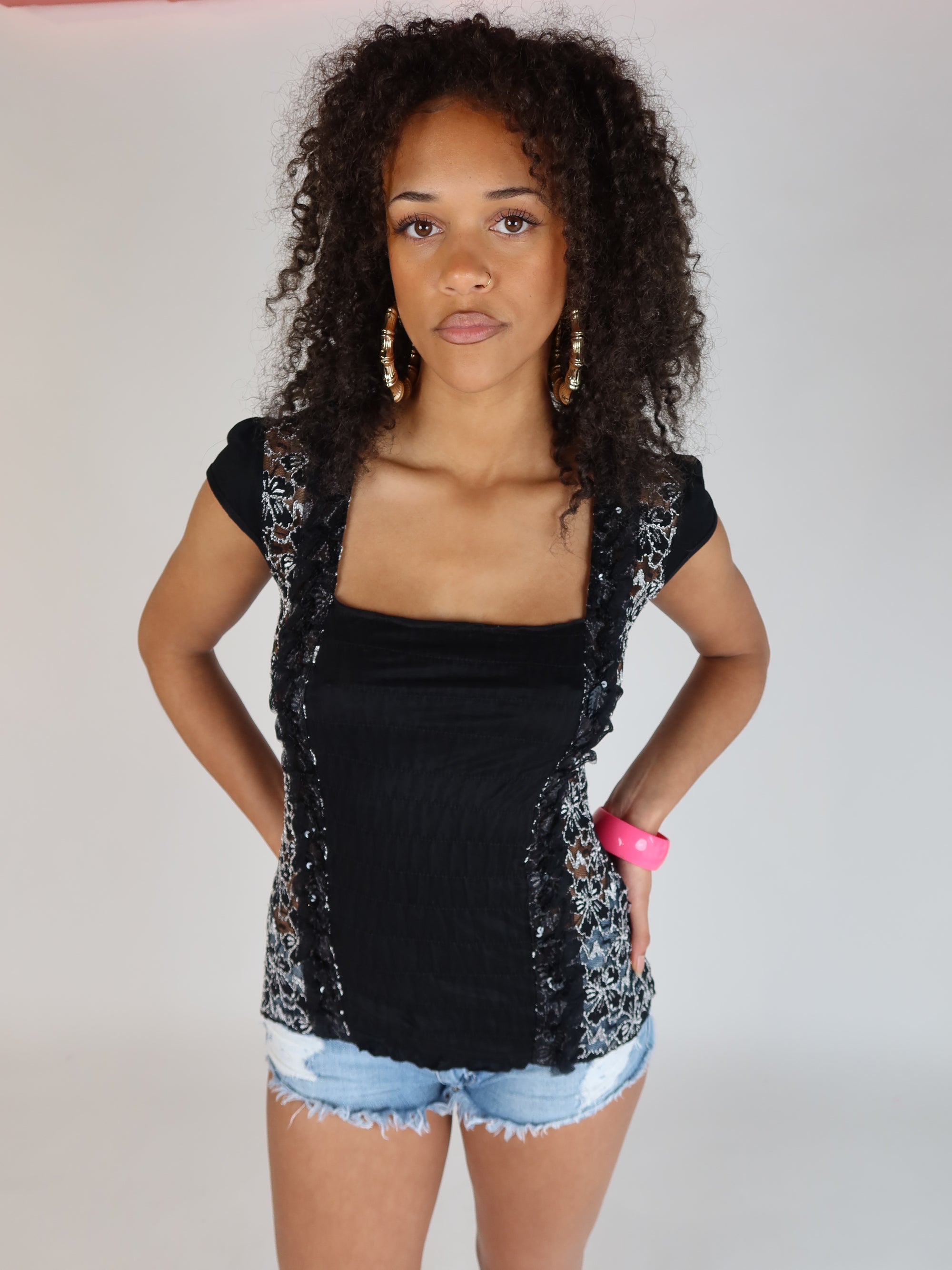 Vintage Y2K Black Lace Panel Cap Sleeve Top